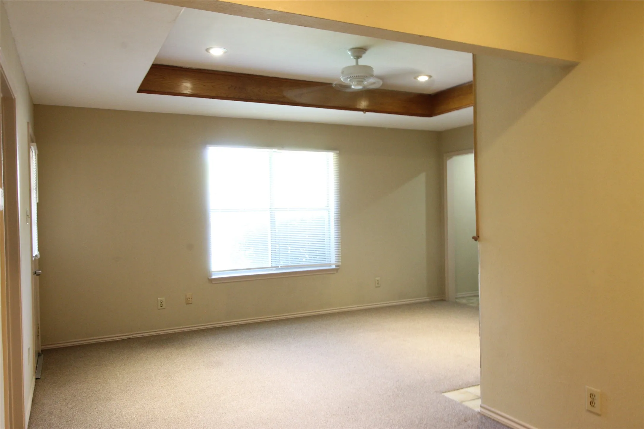 Recessed tray ceiling with wood-finish accent, ceiling fan with integrated lighting, and carpet flooring