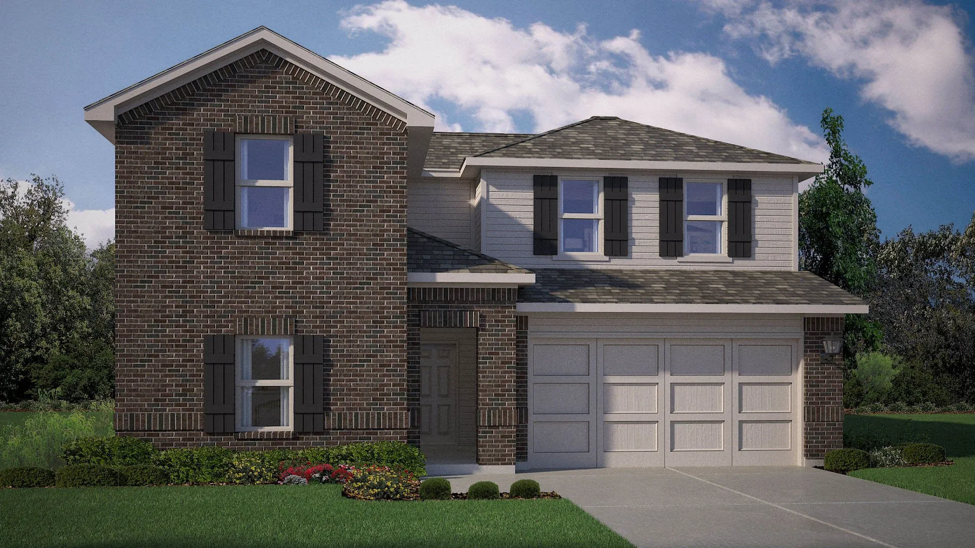 Front Elevation - D.R. Horton's Ozark floor plan Elevation A - All Home and community information, including pricing, included features, terms, availability and amenities, are subject to change at any time without notice or obligation. All Drawings, pictures, photographs, video, square footages, floor plans, elevations, features, colors and sizes are approximate for illustration purposes only and will vary from the homes as built.