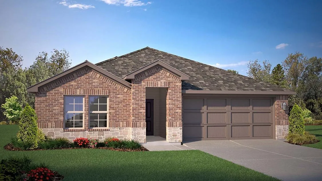 Front Elevation - D.R. Horton's Texas Cali floor plan Elevation B - All Home and community information, including pricing, included features, terms, availability and amenities, are subject to change at any time without notice or obligation. All Drawings, pictures, photographs, video, square footages, floor plans, elevations, features, colors and sizes are approximate for illustration purposes only and will vary from the homes as built.