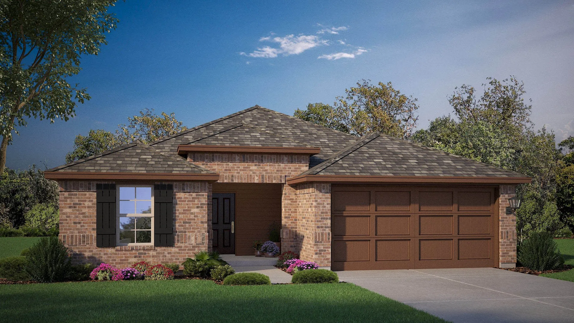 Front Elevation - D.R. Horton's Denton floor plan Elevation A - All Home and community information, including pricing, included features, terms, availability and amenities, are subject to change at any time without notice or obligation. All Drawings, pictures, photographs, video, square footages, floor plans, elevations, features, colors and sizes are approximate for illustration purposes only and will vary from the homes as built.