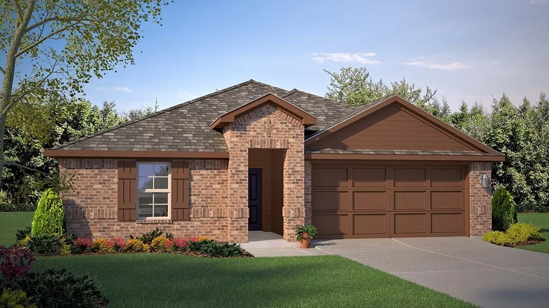 Front Elevation - D.R. Horton's Texas Cali floor plan Elevation A - All Home and community information, including pricing, included features, terms, availability and amenities, are subject to change at any time without notice or obligation. All Drawings, pictures, photographs, video, square footages, floor plans, elevations, features, colors and sizes are approximate for illustration purposes only and will vary from the homes as built.