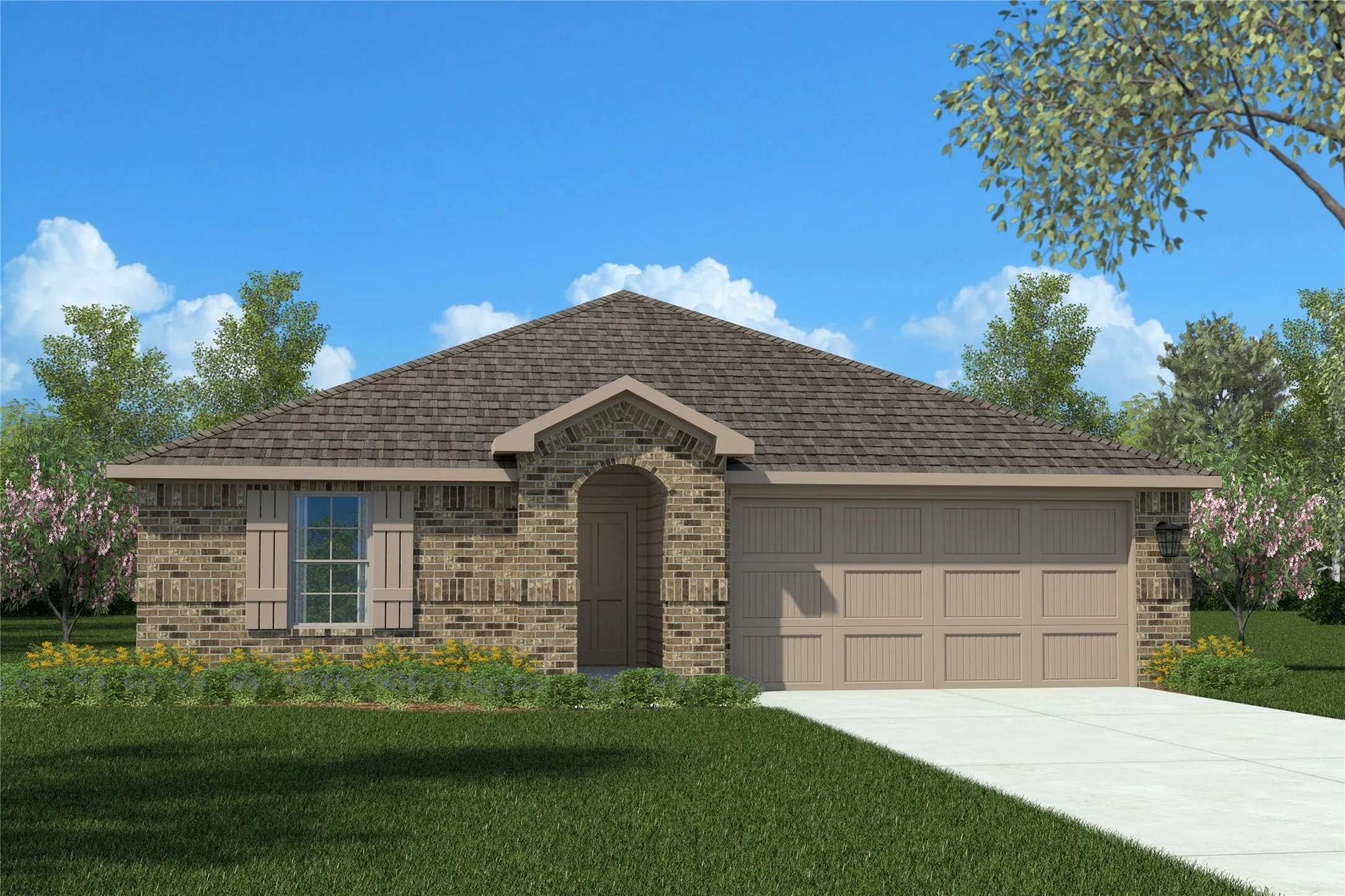 Front Elevation - D.R. Horton's Justin floor plan Elevation A - All Home and community information, including pricing, included features, terms, availability and amenities, are subject to change at any time without notice or obligation. All Drawings, pictures, photographs, video, square footages, floor plans, elevations, features, colors and sizes are approximate for illustration purposes only and will vary from the homes as built.