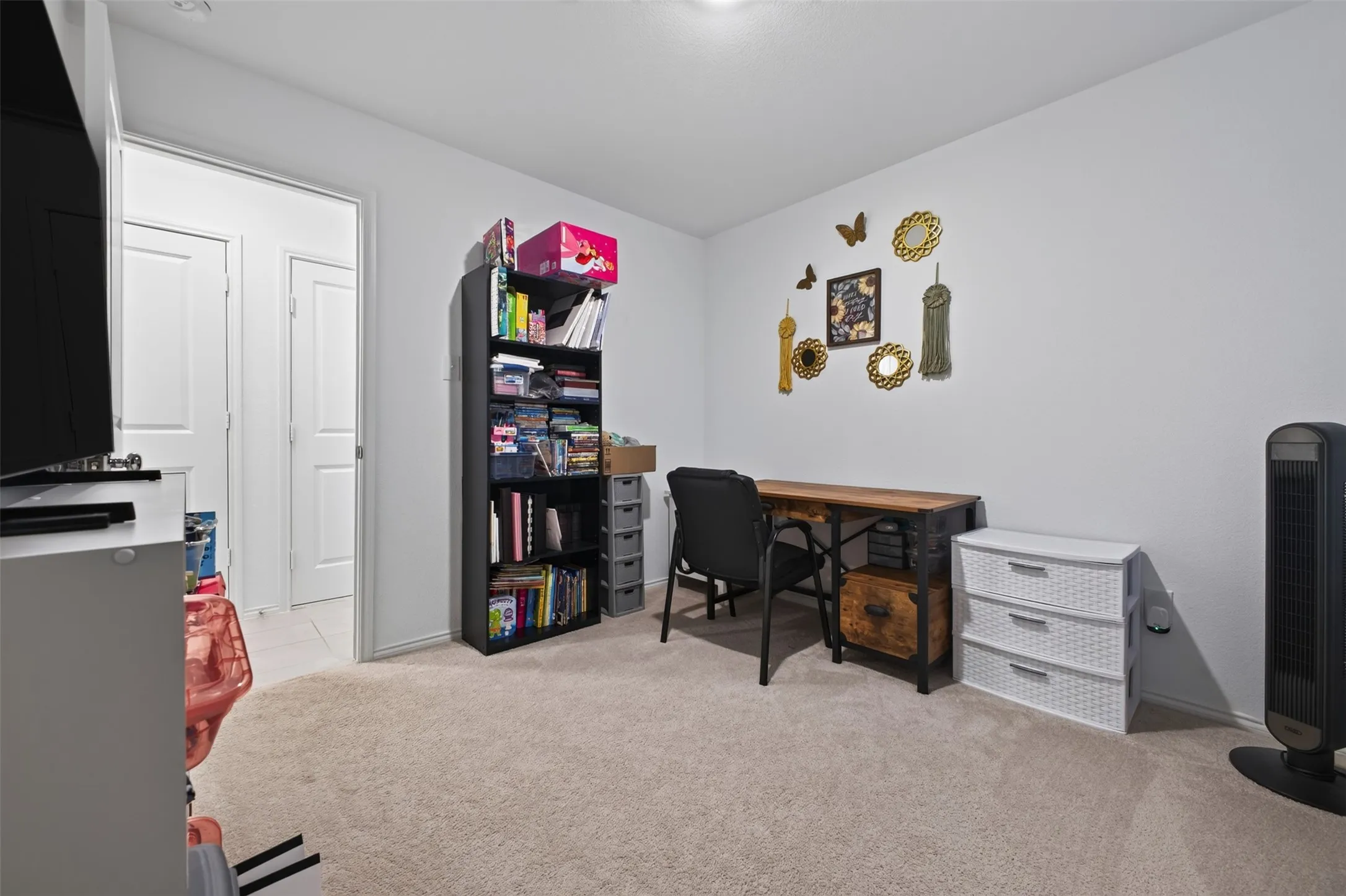 Neutral wall color, carpeted flooring, and a single ceiling light fixture