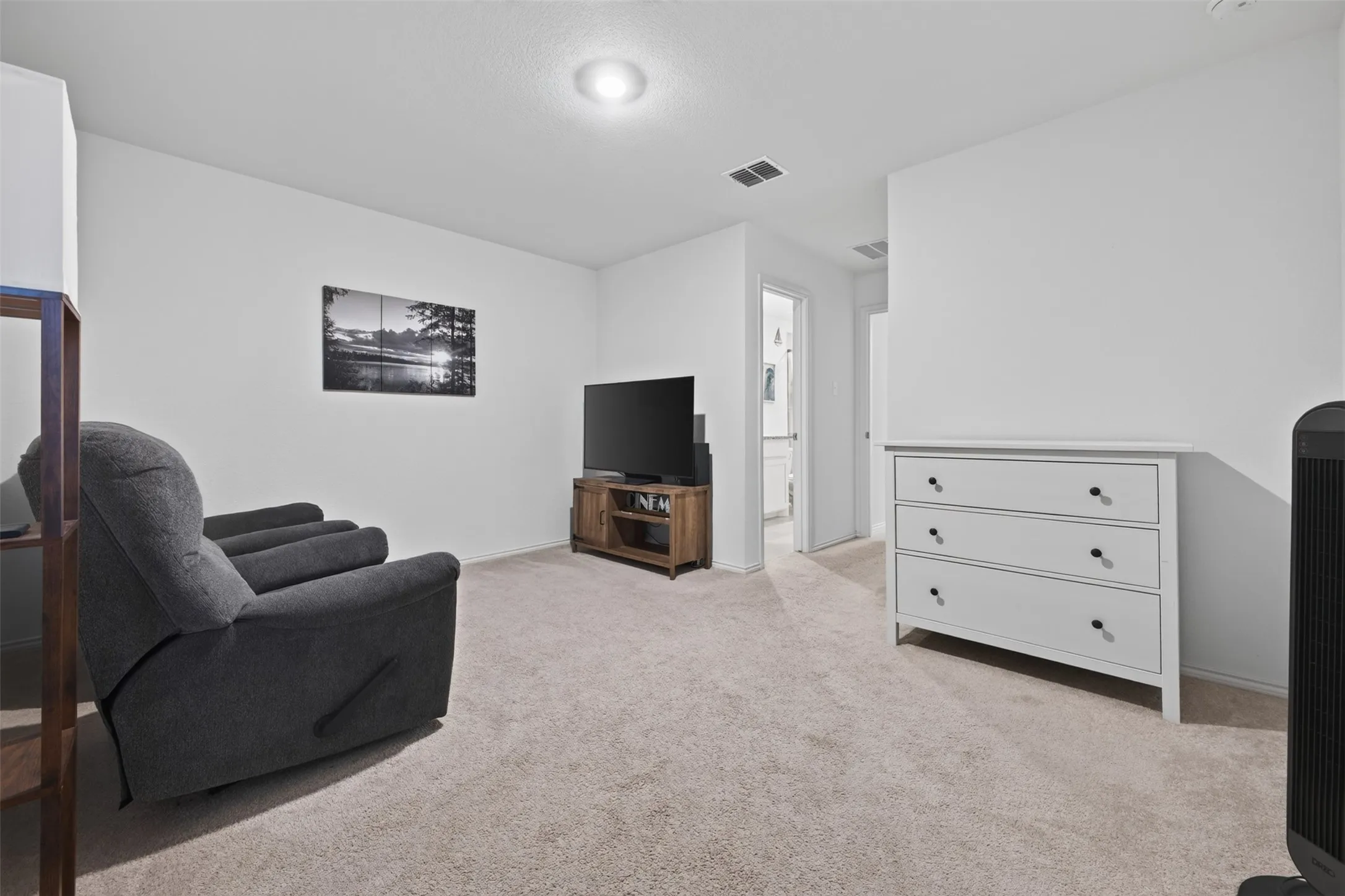 Wall-to-wall carpeting and neutral white walls