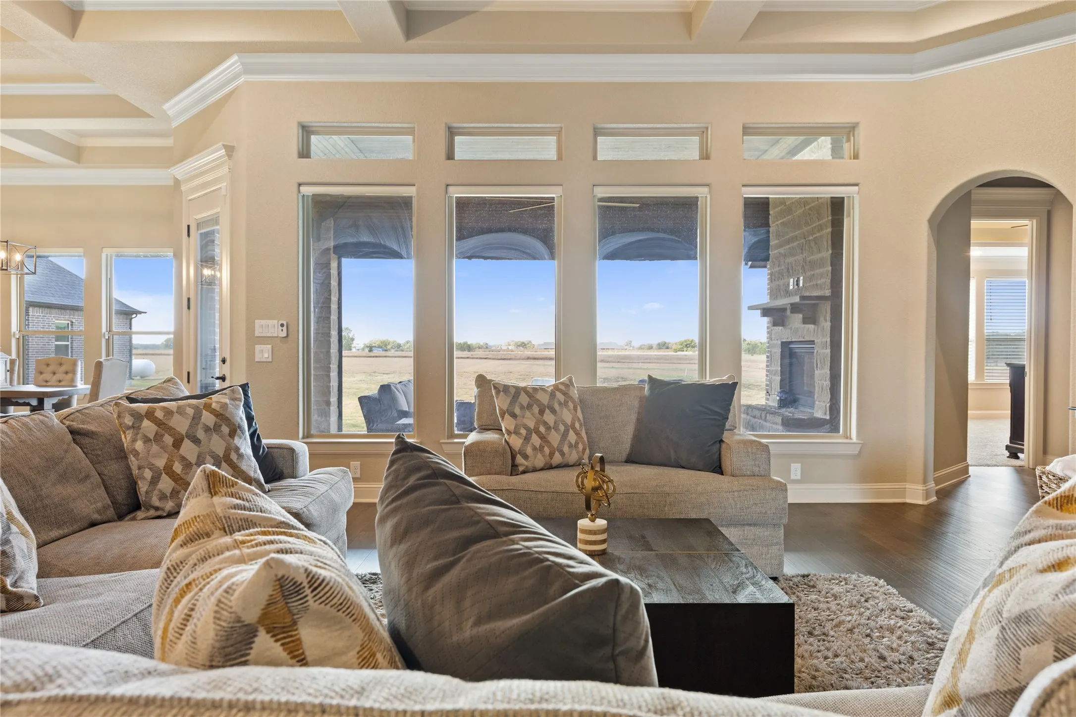 Tray ceiling with crown molding, dark wood-finish flooring, multiple windows providing natural light, stone fireplace with mantel, arched doorway