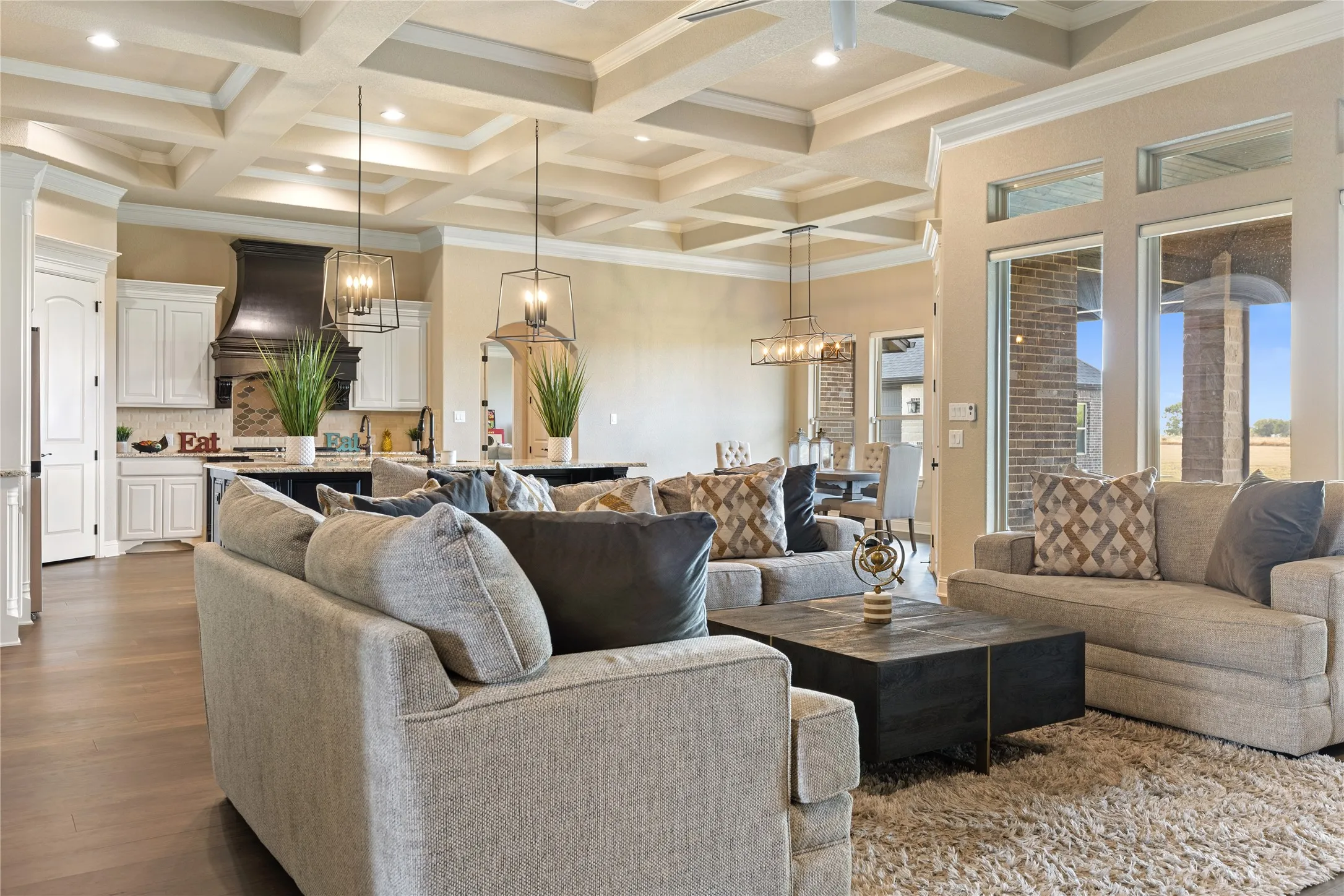 Coffered ceiling with recessed lighting