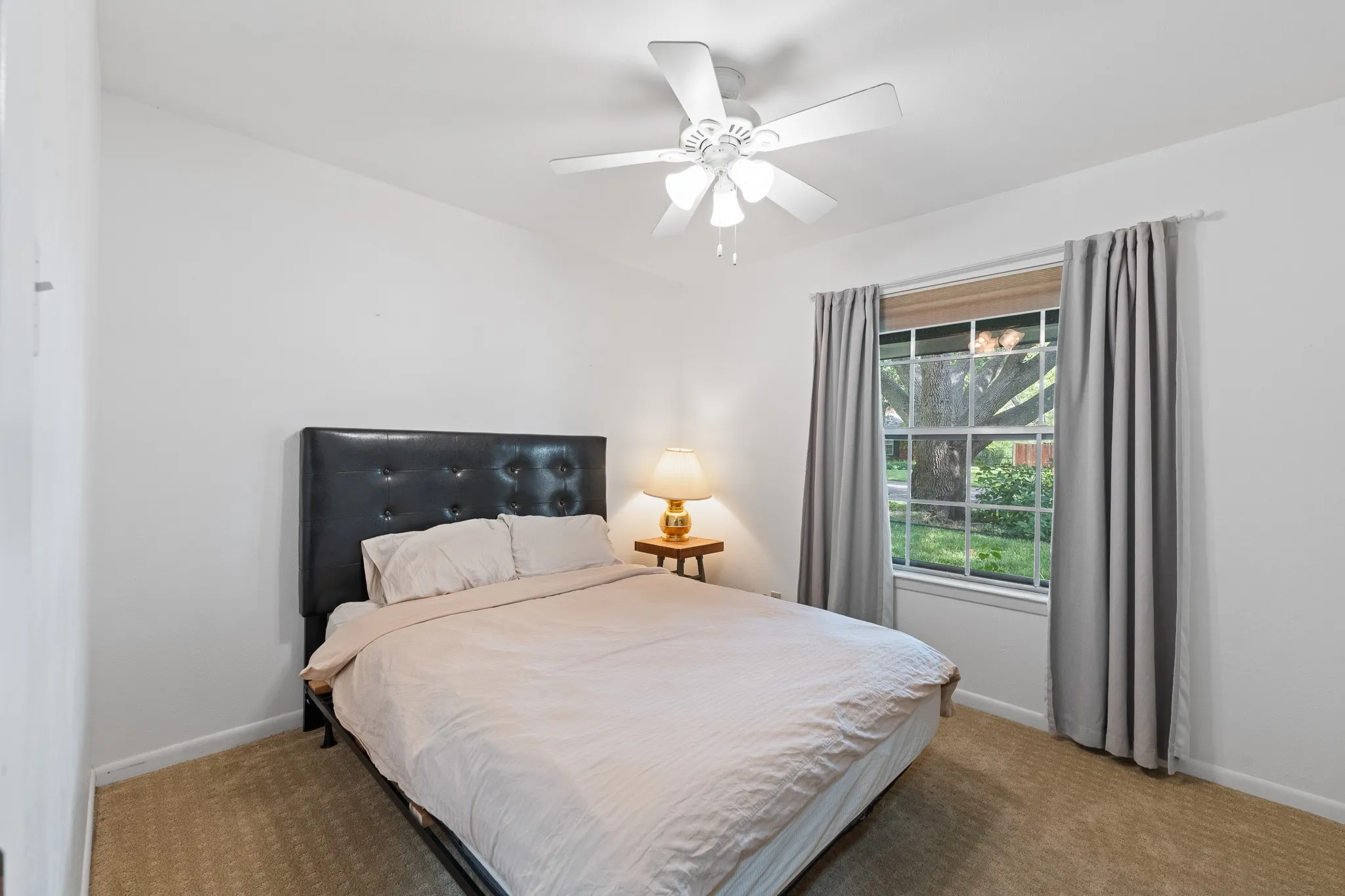 Bedroom featuring a ceiling fan with light, single window, and neutral carpet flooring