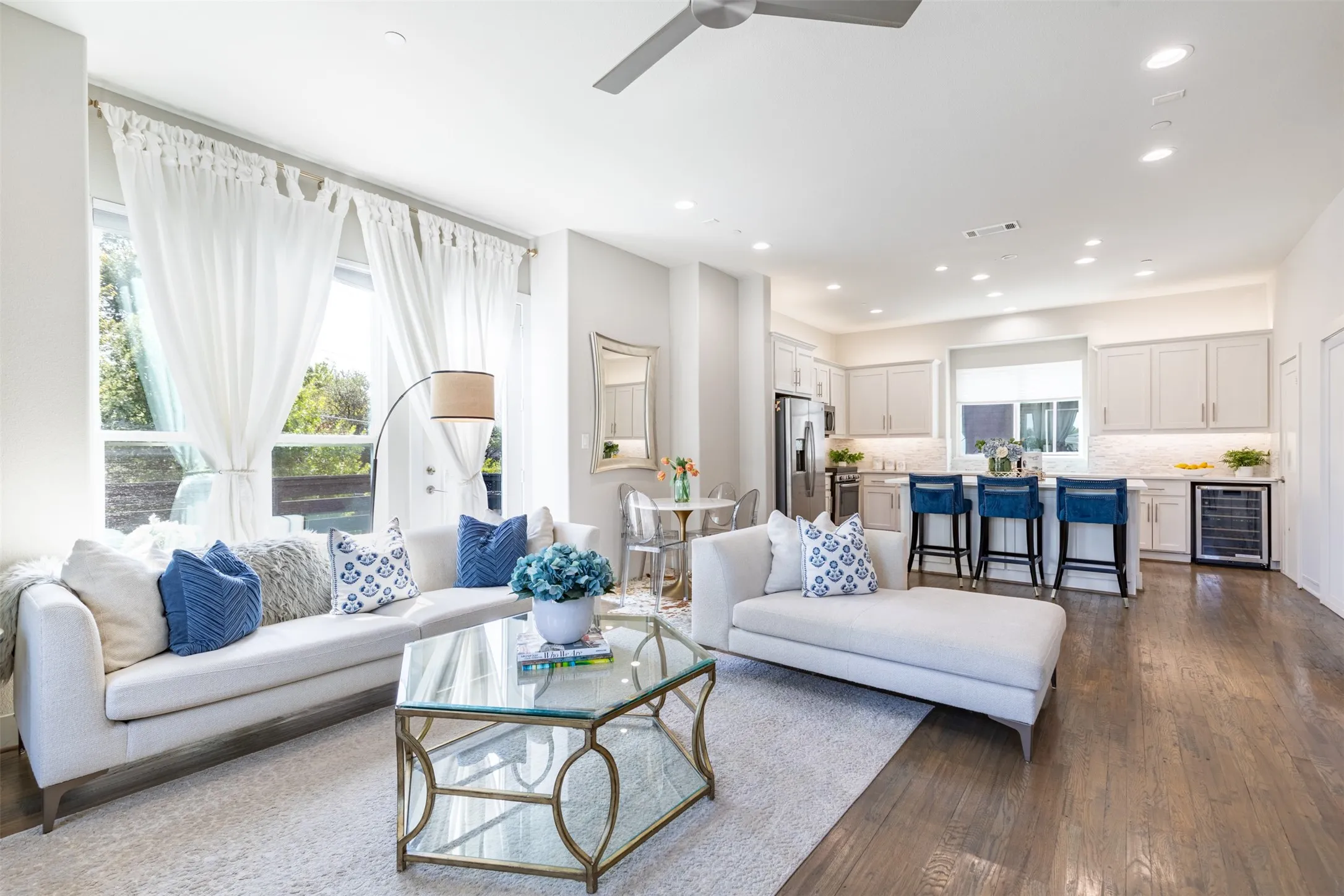 Beautiful shot of living, dining, kitchen