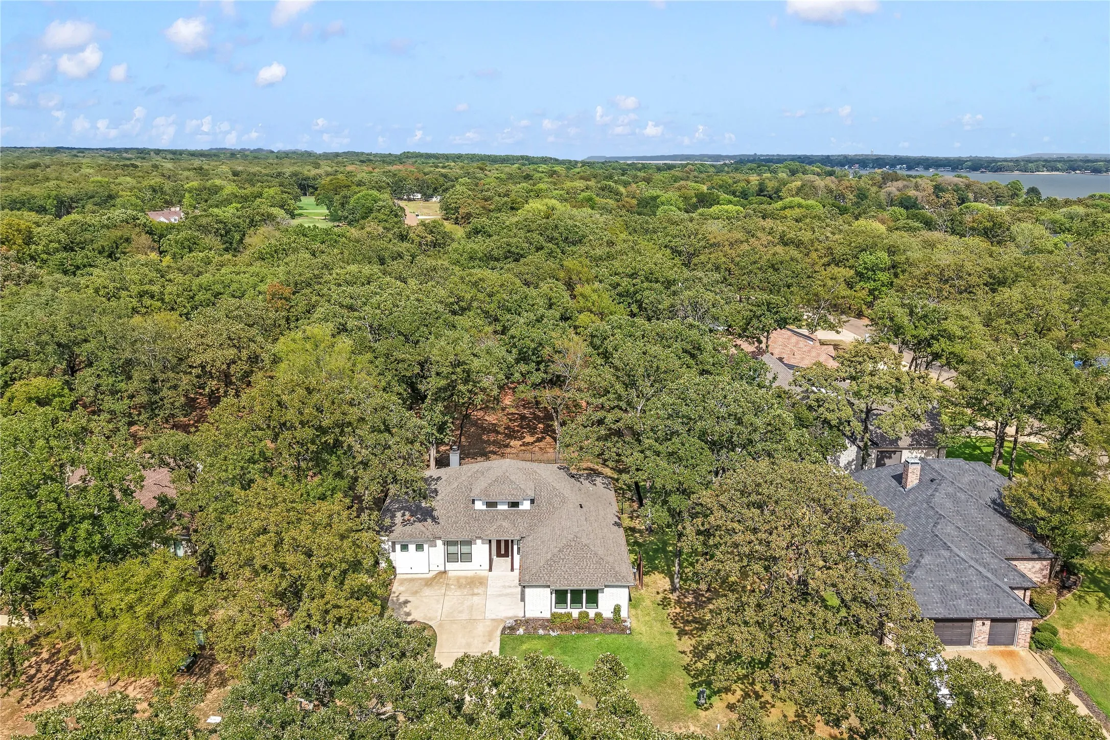 Aerial perspective showcasing a sprawling residential property enveloped by dense, mature tree canopy