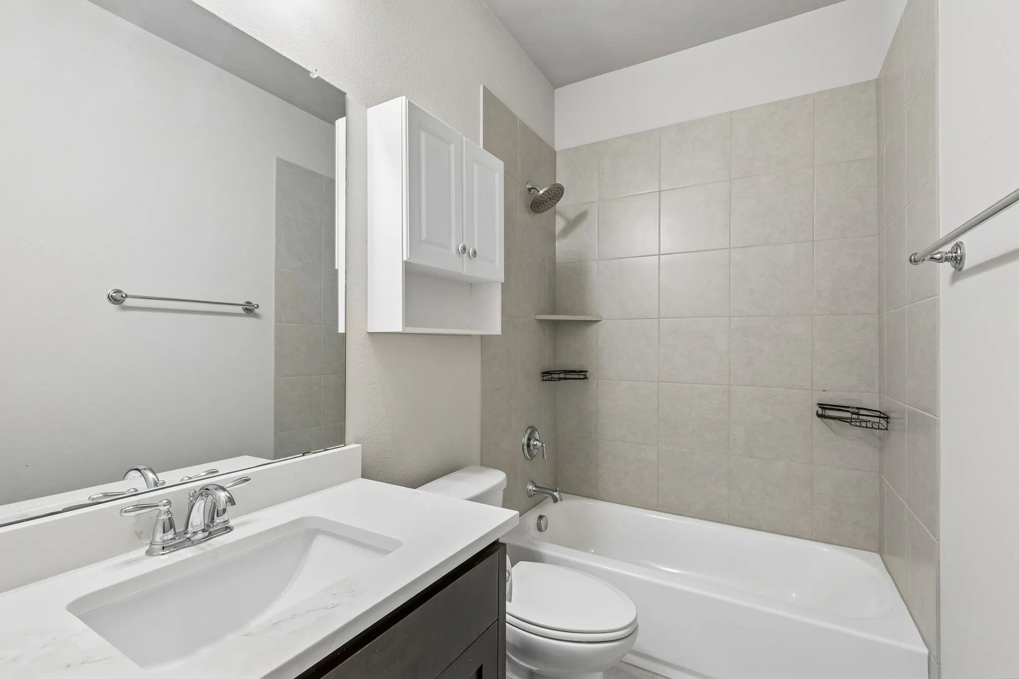 Upstairs secondary bath is updated with a new 2026 quartz countertop