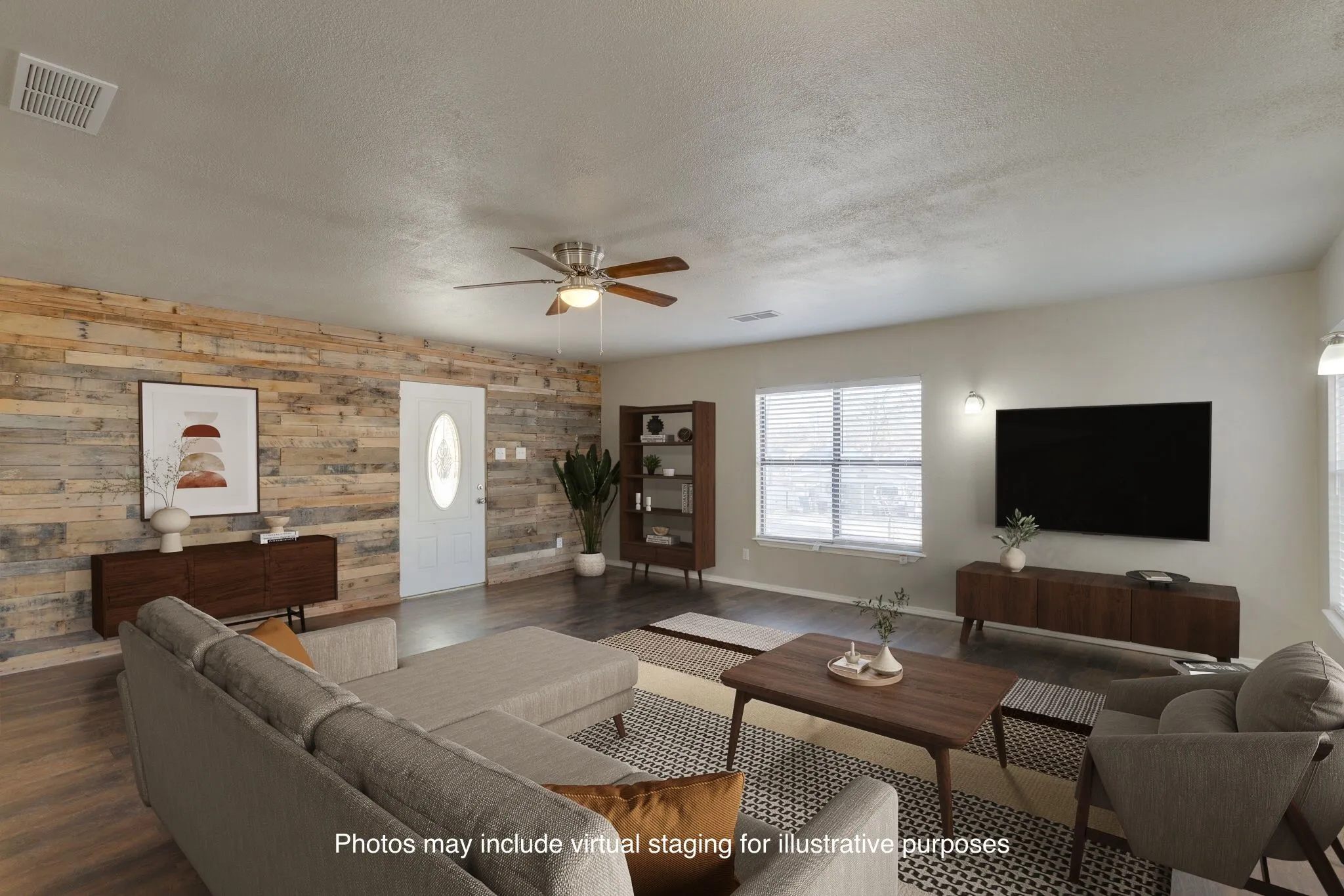 Living room with virtual staging for illustrative purposes