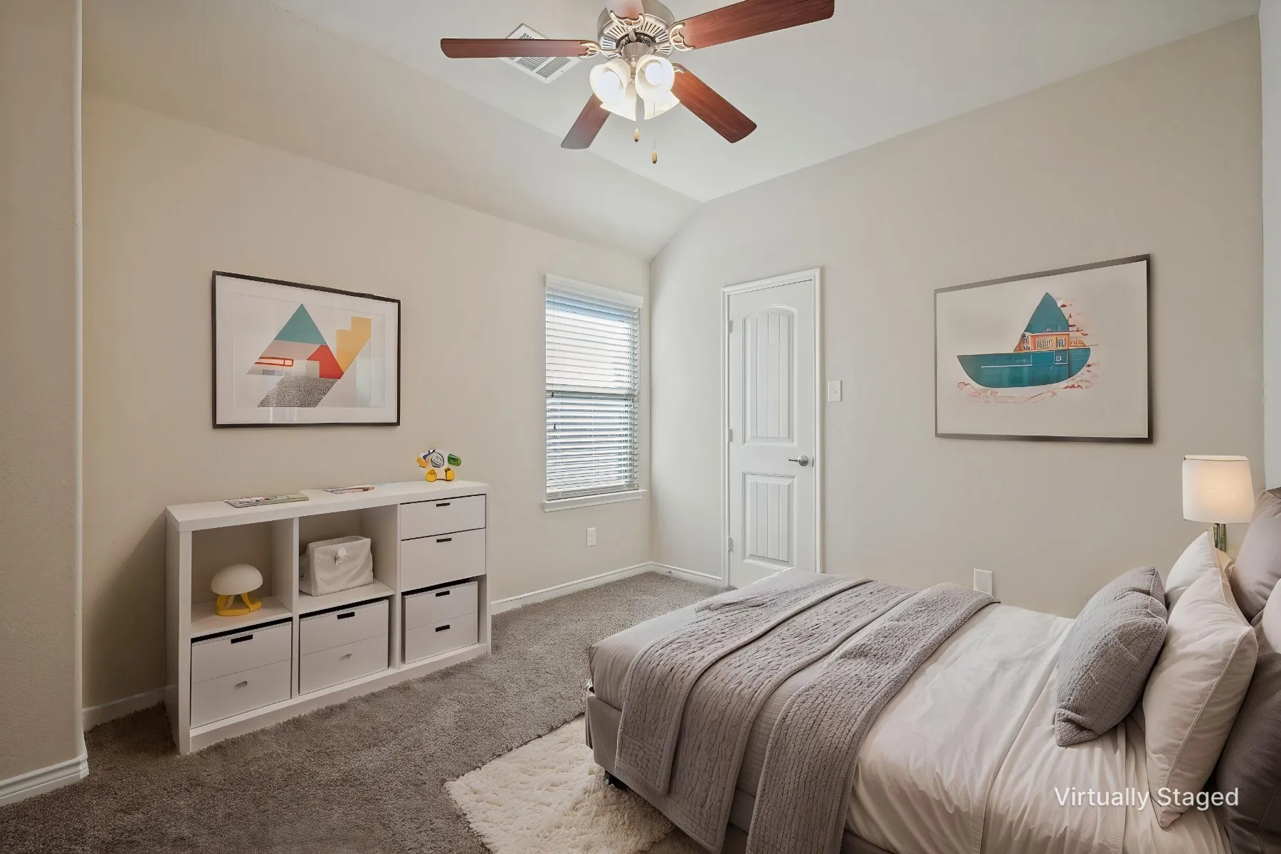 Recessed window with blinds, ceiling fan with integrated lighting, paneled door, and neutral-toned wall paint