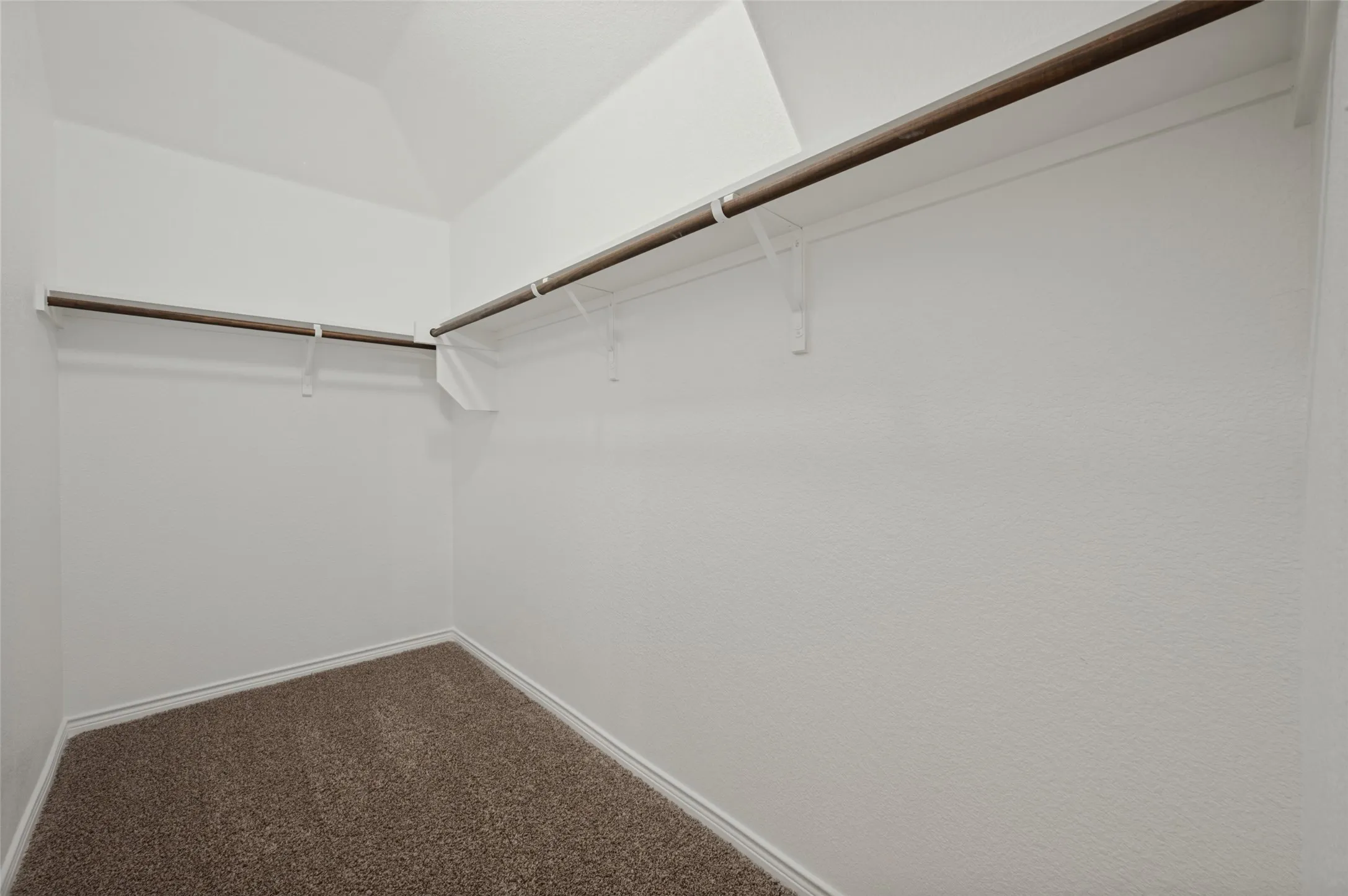 Spacious extra storage closet with neutral-toned carpeting and white walls