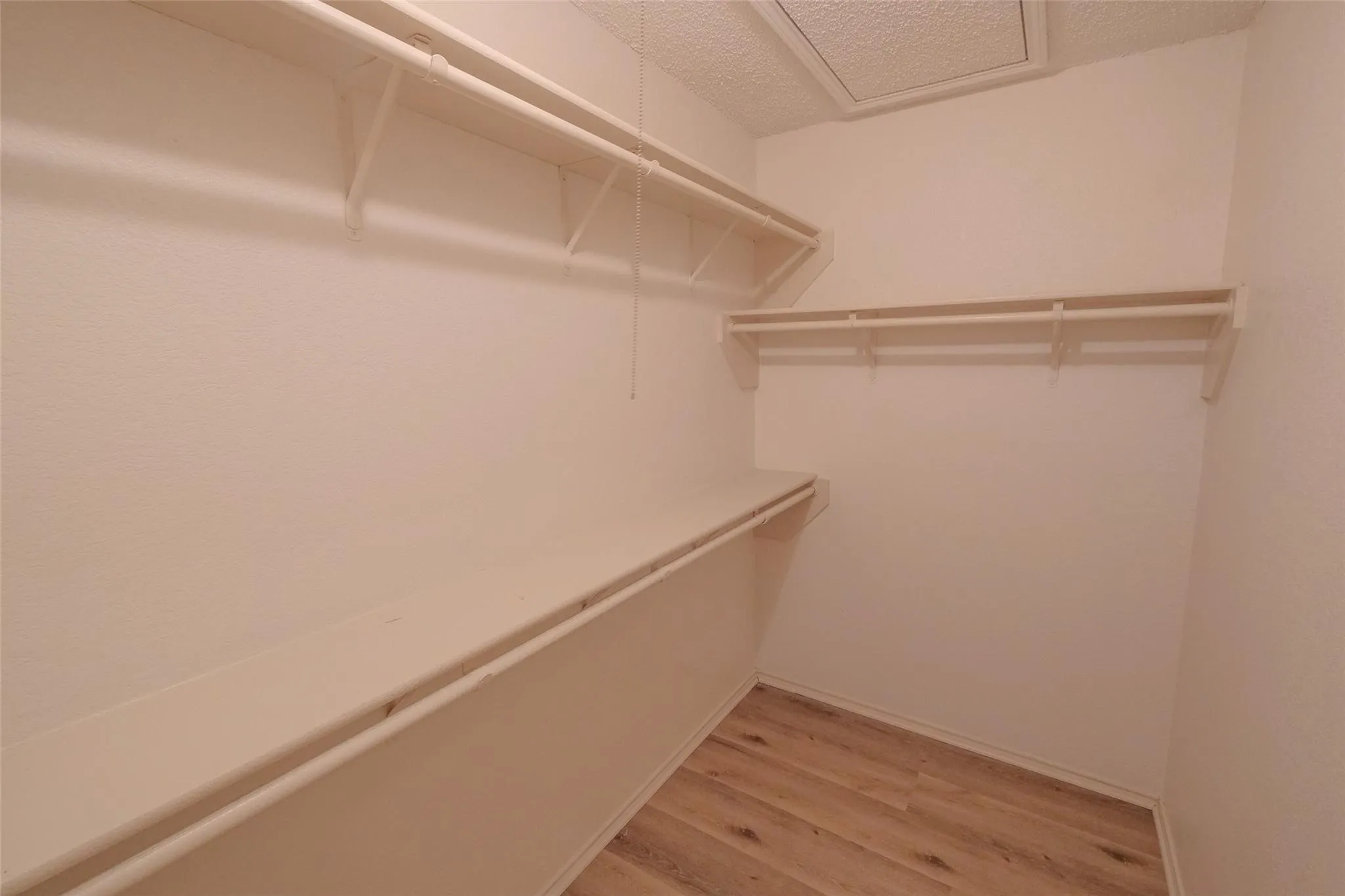 Walk-in closet featuring built-in shelving, hanging rods, and wood-finish flooring