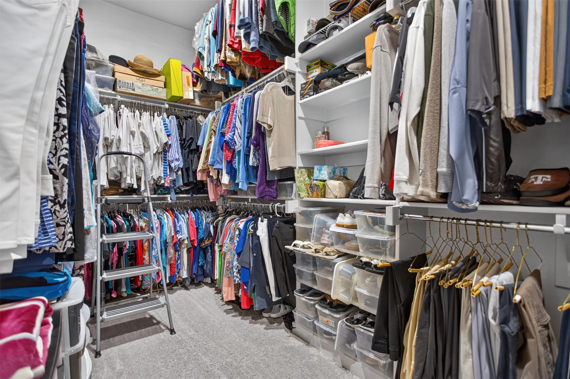Custom closet system with multiple hanging rods, integrated shelving, and carpet flooring