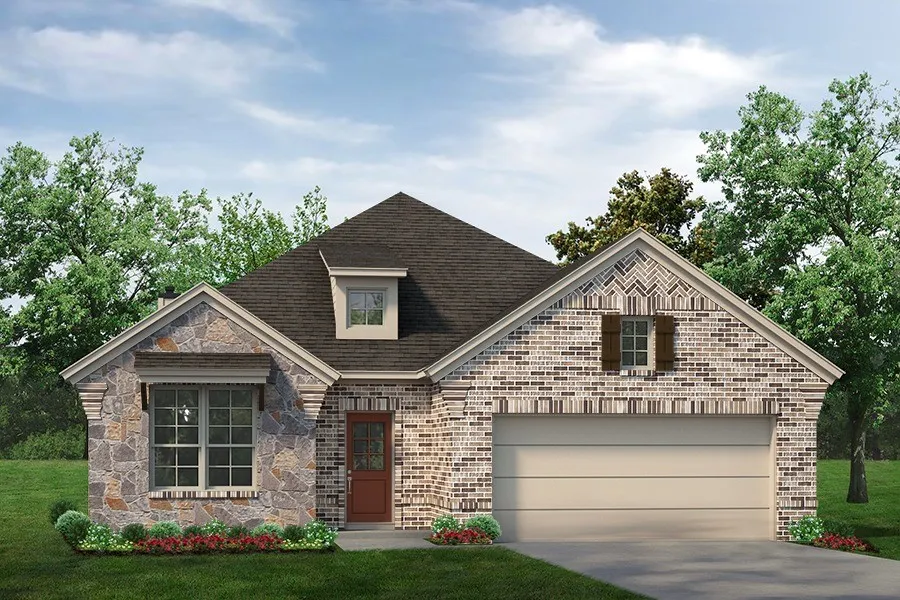 Exterior featuring a stone and brick facade, a dormer window, a covered entryway, a gabled roofline, and an attached garage with a light-colored door