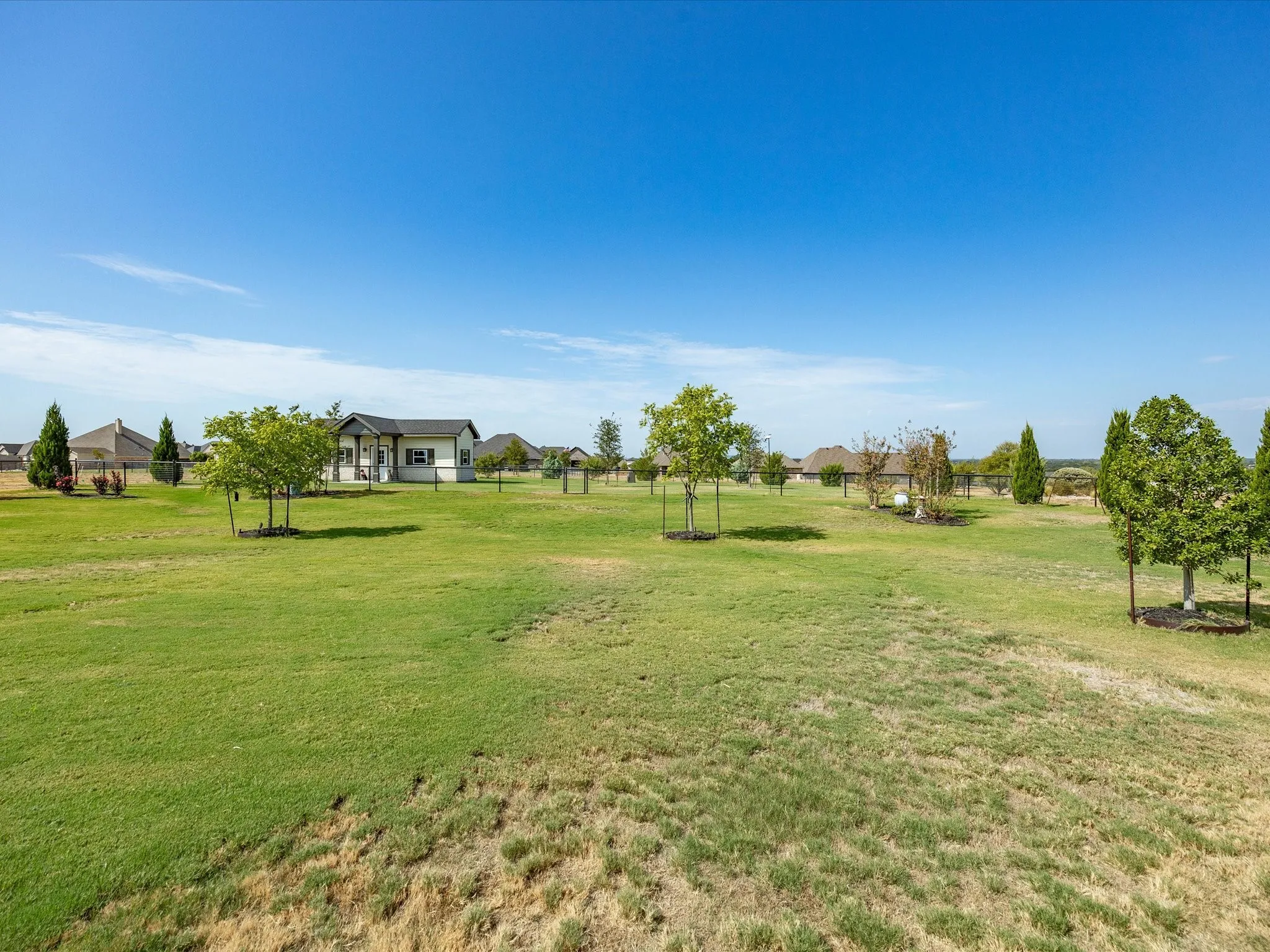 Spacious backyard with a large, level lawn, mature landscaping, and plenty of room for outdoor living, play, or a future pool.