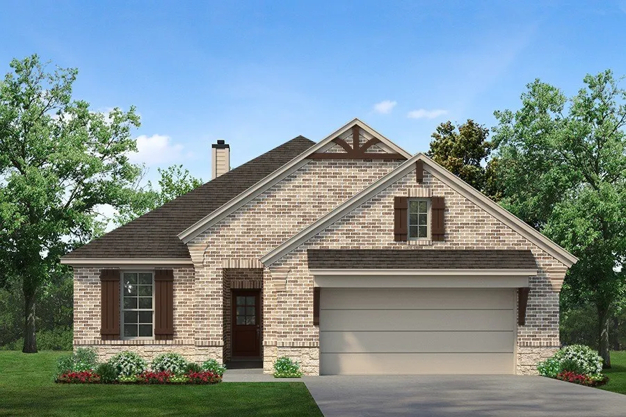 Brick exterior with stone accents and dark brown window shutters