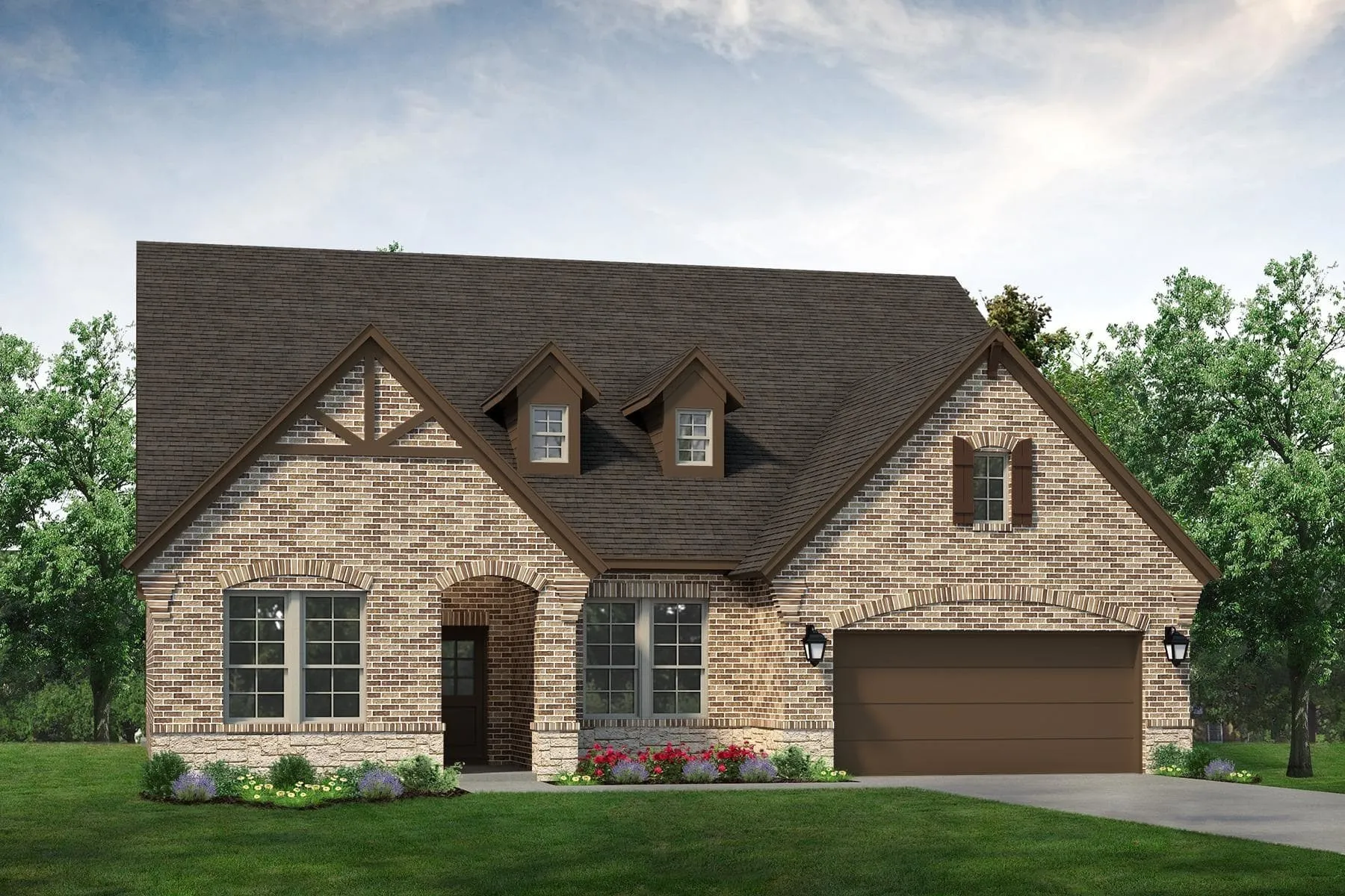 Brick and stone facade with an arched entry