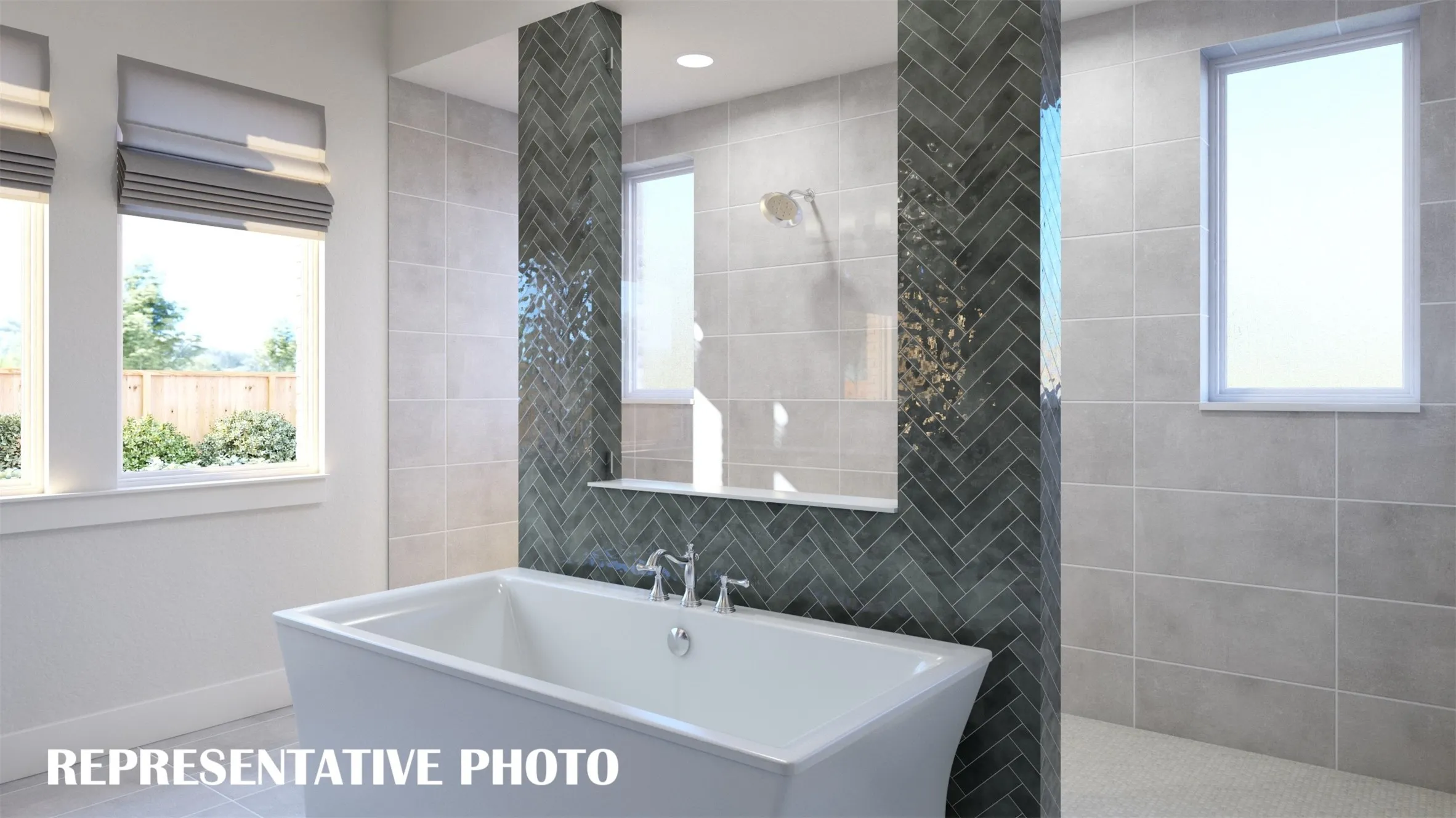 Featuring a walk through double shower, drying space and a free standing tub, you'll enjoy a spa like experience every day in this luxurious owner's bath!  REPRESENTATIVE PHOTO
