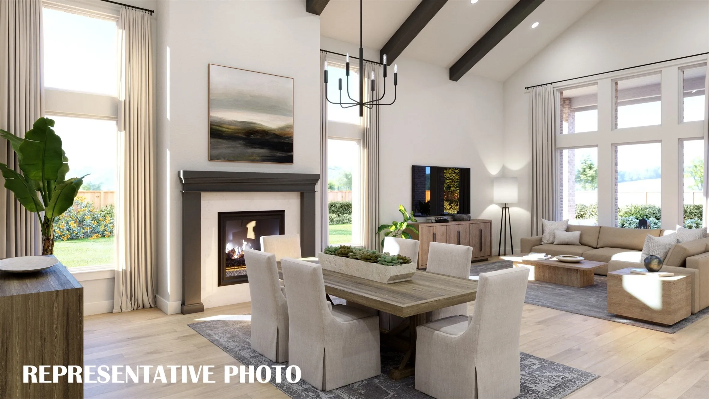 Featuring an elegant fireplace and high ceiling, you'll enjoy sophisticated dinner parties in this dream dining room!  REPRESENTATIVE PHOTO