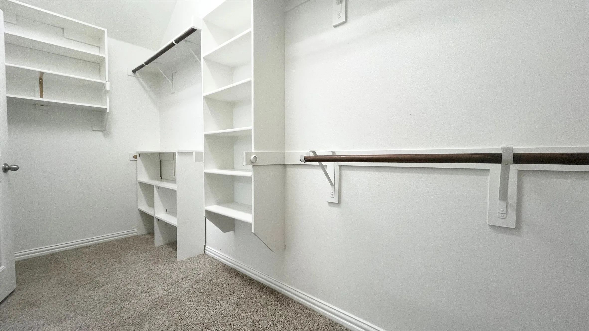 Built-in shelving, hanging rods, and carpet flooring