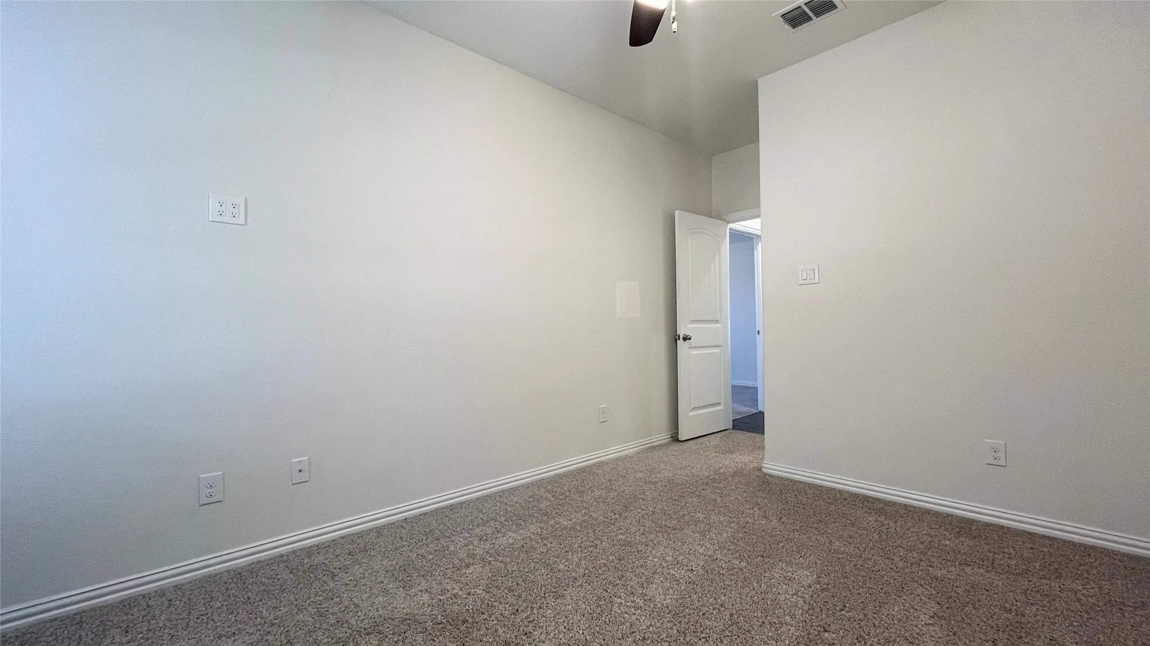 Neutral tone wall paint, textured carpeting, white trim, ceiling-mounted light fixture, and a paneled interior door