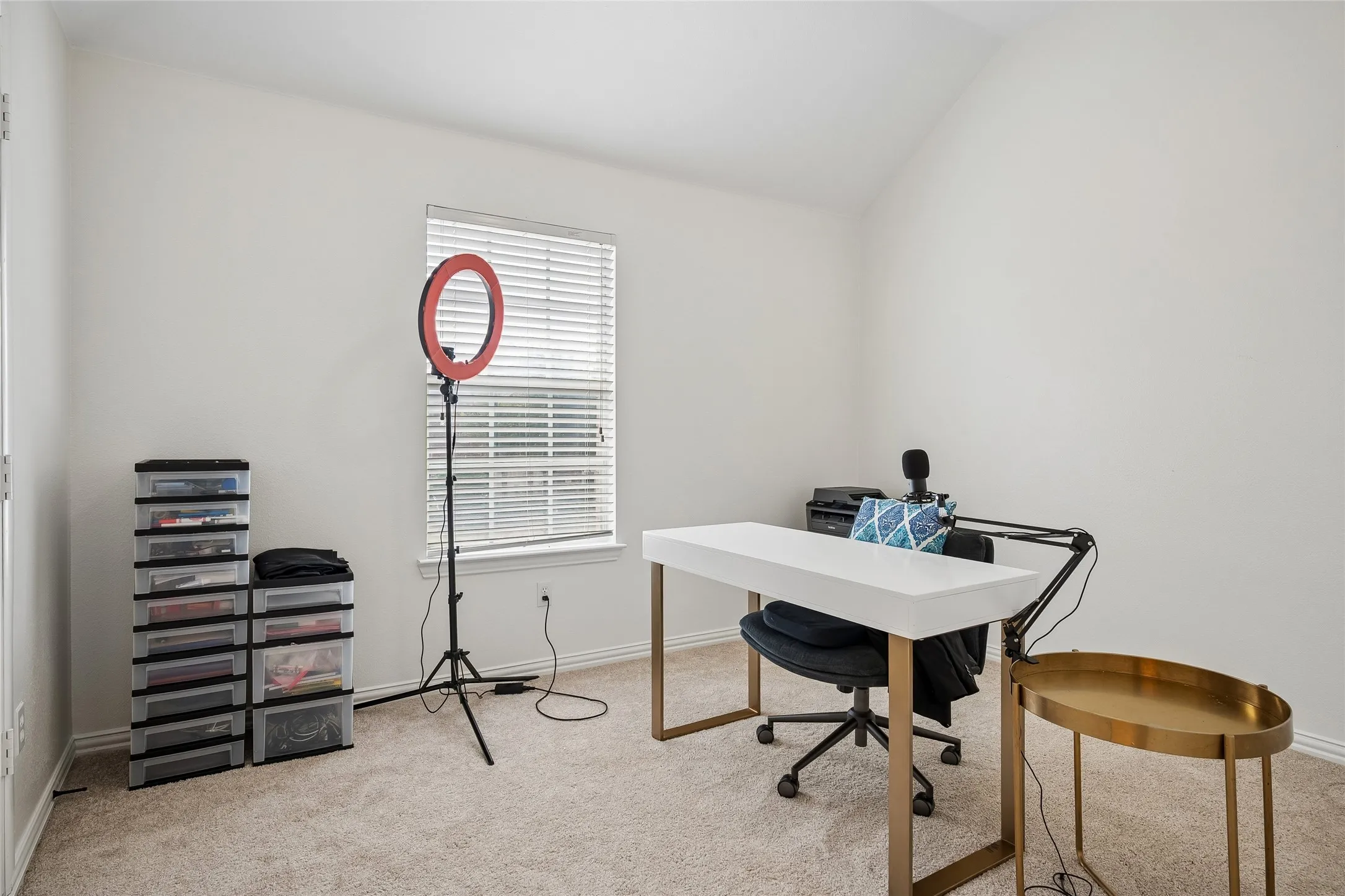 Vaulted ceiling, neutral wall paint, window with blinds, and carpeted flooring