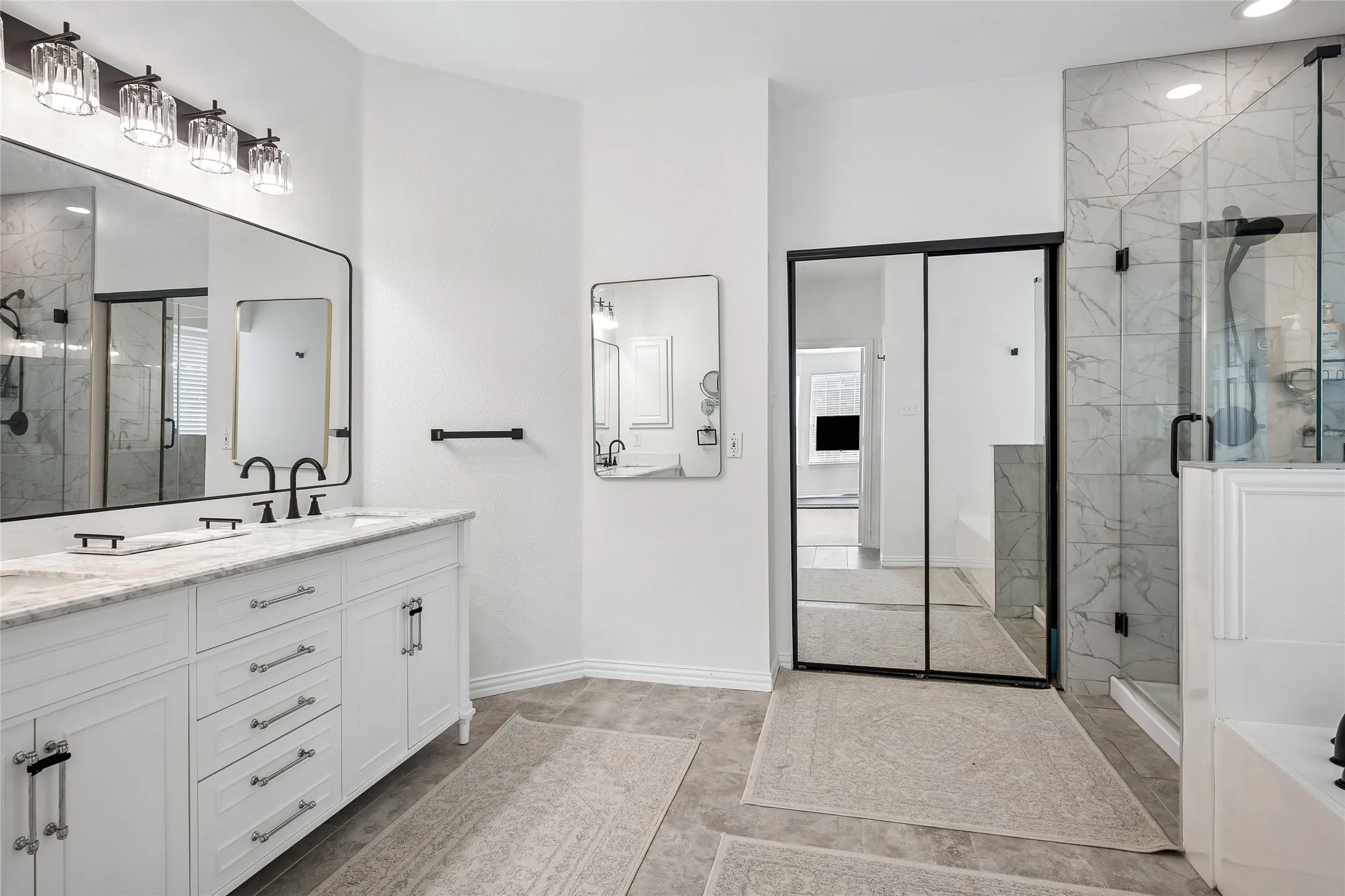 Dual vanity with stone countertop and integrated sinks