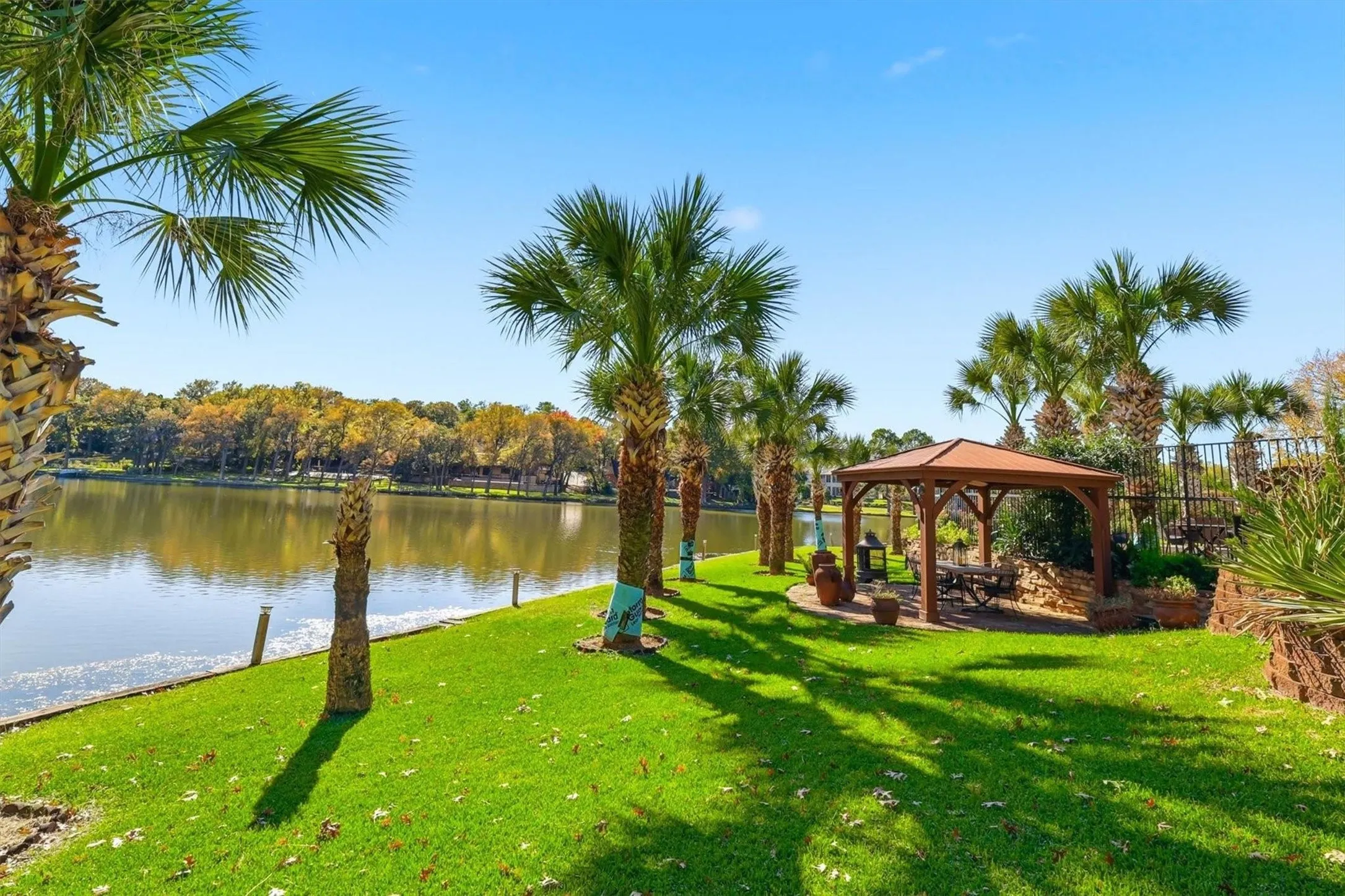 Lush green lawn with mature palm trees, waterfront access, and a dedicated patio with a wooden gazebo