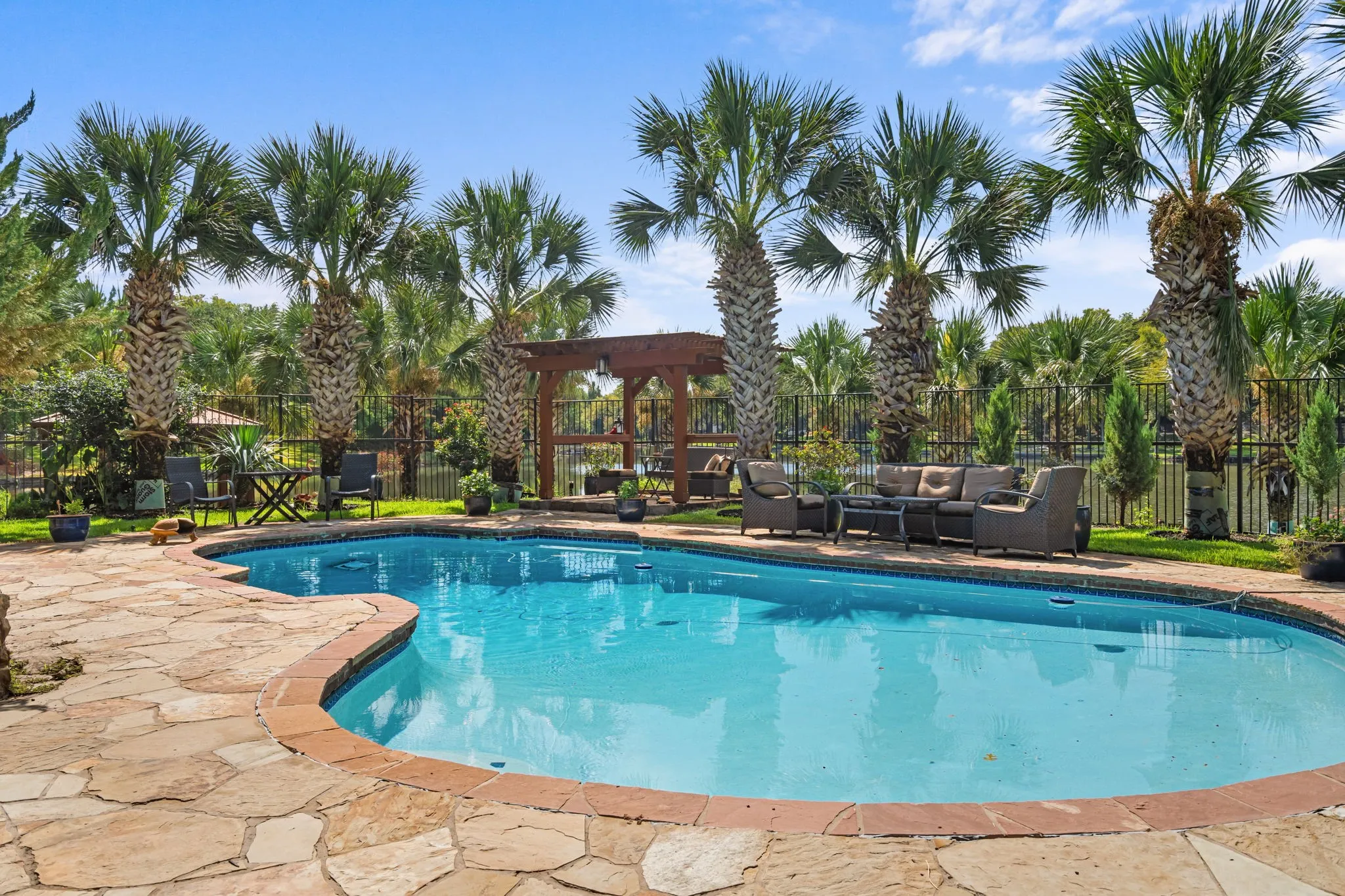Curved swimming pool with flagstone patio surround, bordered by mature palm trees and a wrought iron fence, featuring a wooden pergola