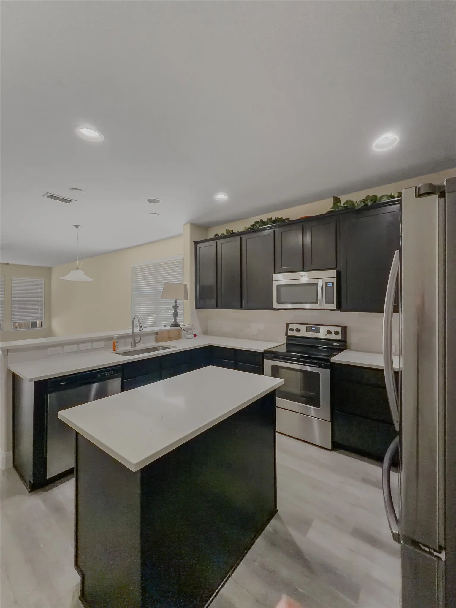 Kitchen featuring dark cabinetry, light-toned countertops, stainless steel appliances, and wood-finish flooring