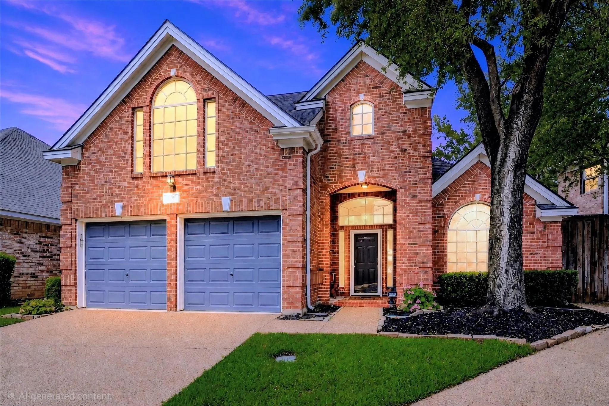 Brick facade residence featuring a two-car garage with panel doors, an arched entry, and prominent arched and rectangular windows