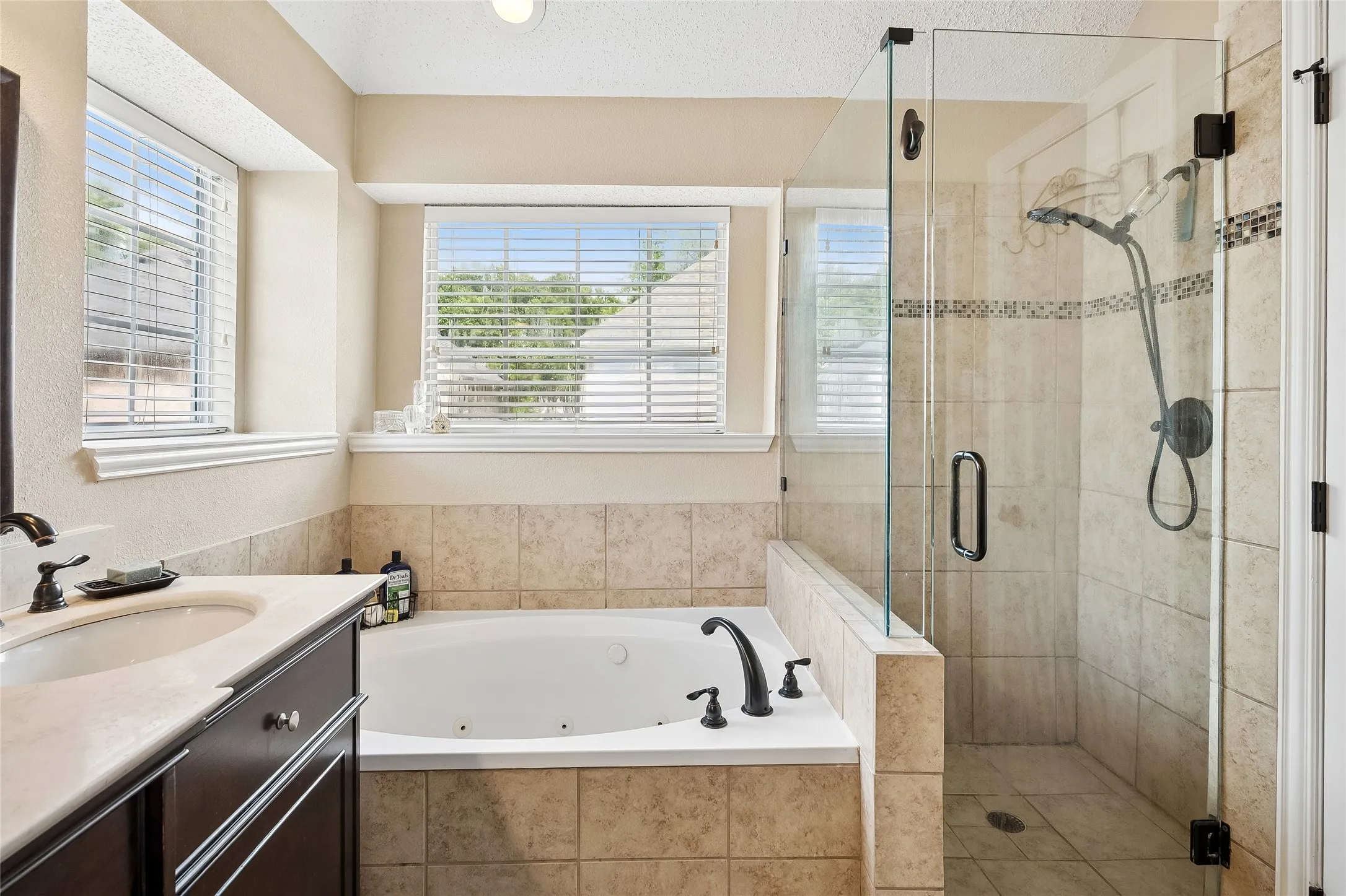 Bathroom featuring a built-in jetted tub, a separate glass-enclosed shower with a tiled surround, and a single vanity with an undermount sink and dark cabinetry