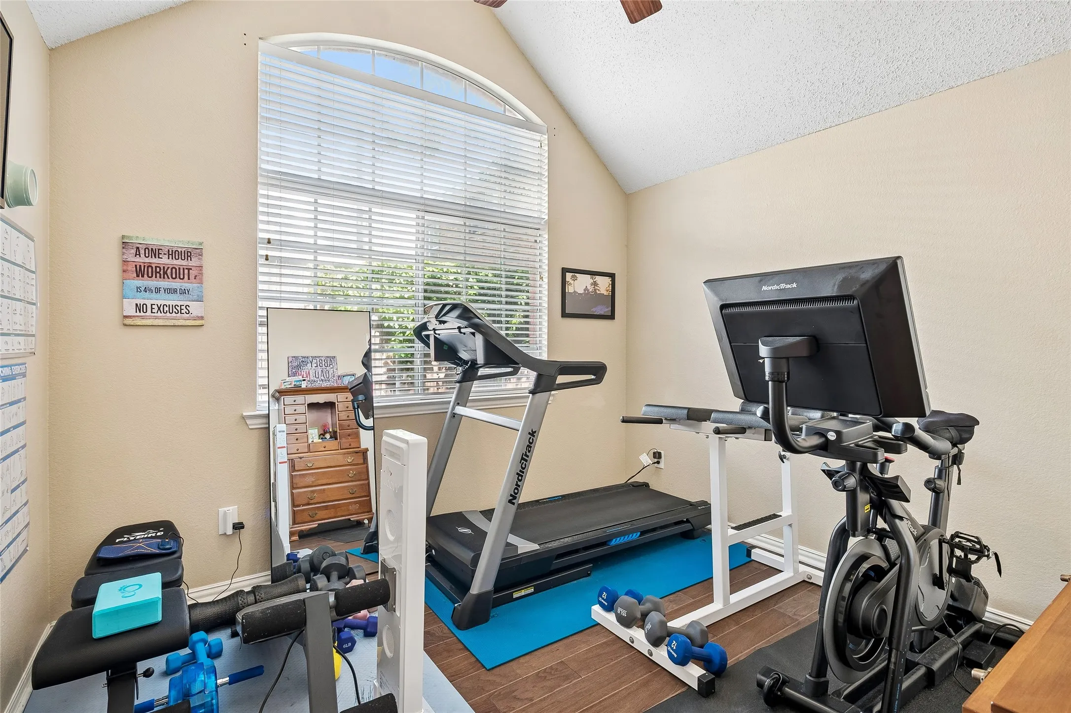 Interior room featuring a vaulted ceiling and an arched window with blinds