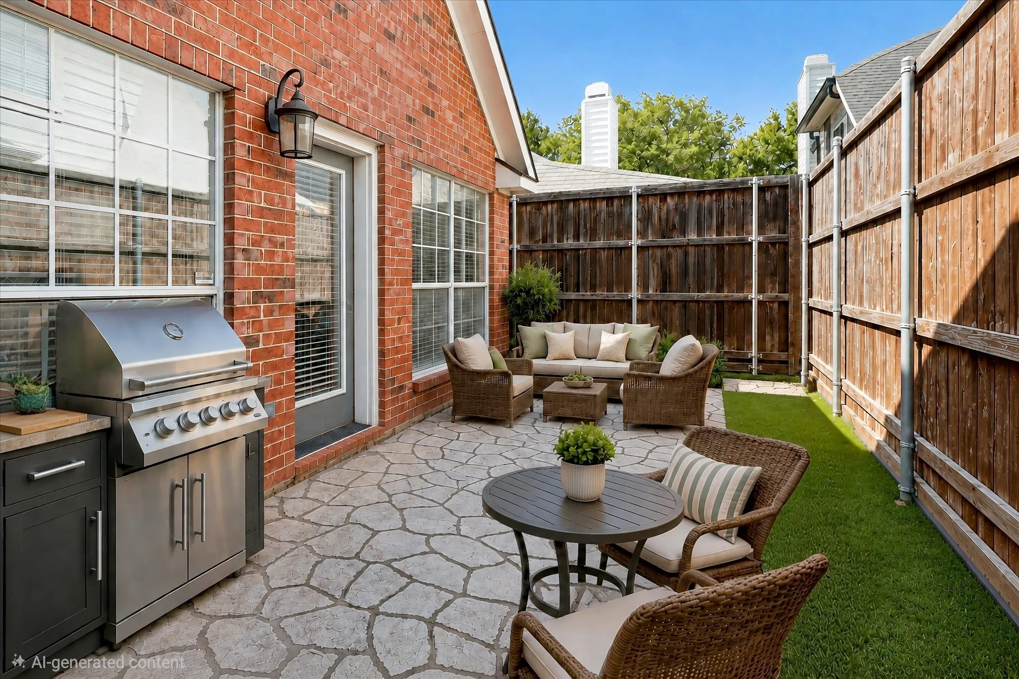 Private outdoor patio featuring a stone-look paver surface, built-in gas grill station with countertop space, perimeter fencing, and artificial turf