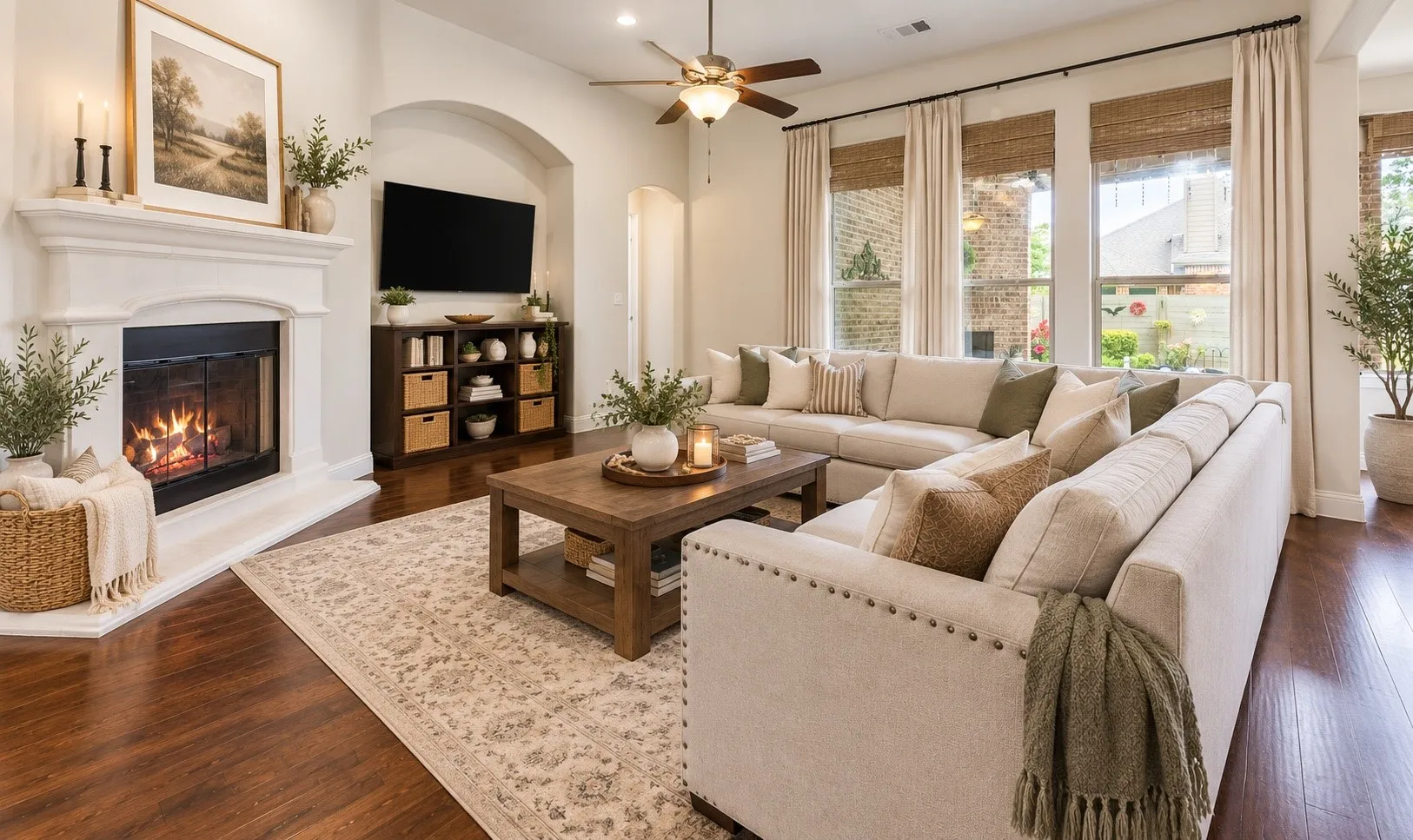 *virtually staged* Spacious living area featuring wood-finish flooring, a decorative fireplace with a mantel, and multiple large windows with natural light