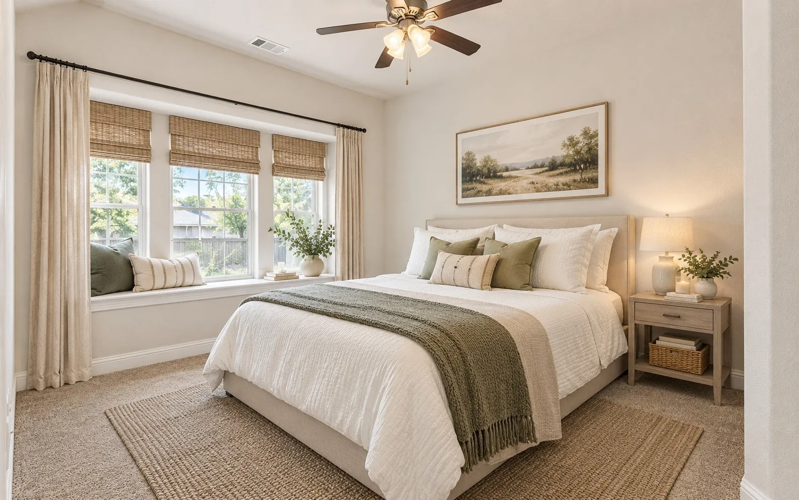 *virtually staged* Window seat with three large windows, a ceiling fan with integrated lighting, and neutral wall paint