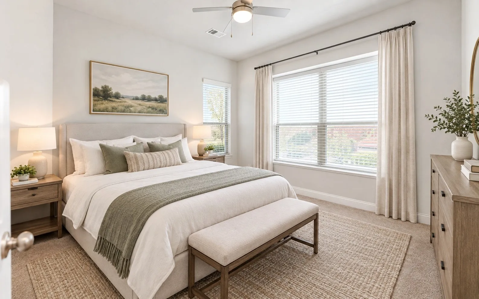 *virtually staged* Carpeted room featuring a ceiling fan with light, a large window with blinds, and full-height drapery