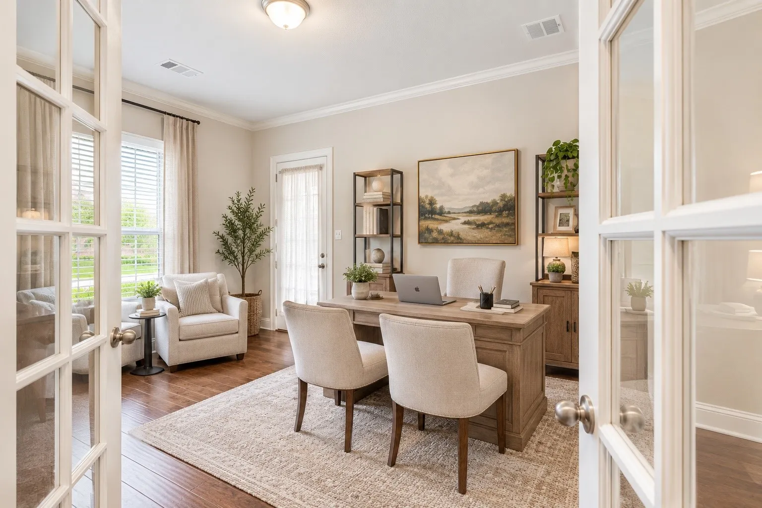 *virtually staged* French doors opening to a space with wood-finish flooring, a ceiling-mounted light fixture, and crown molding
