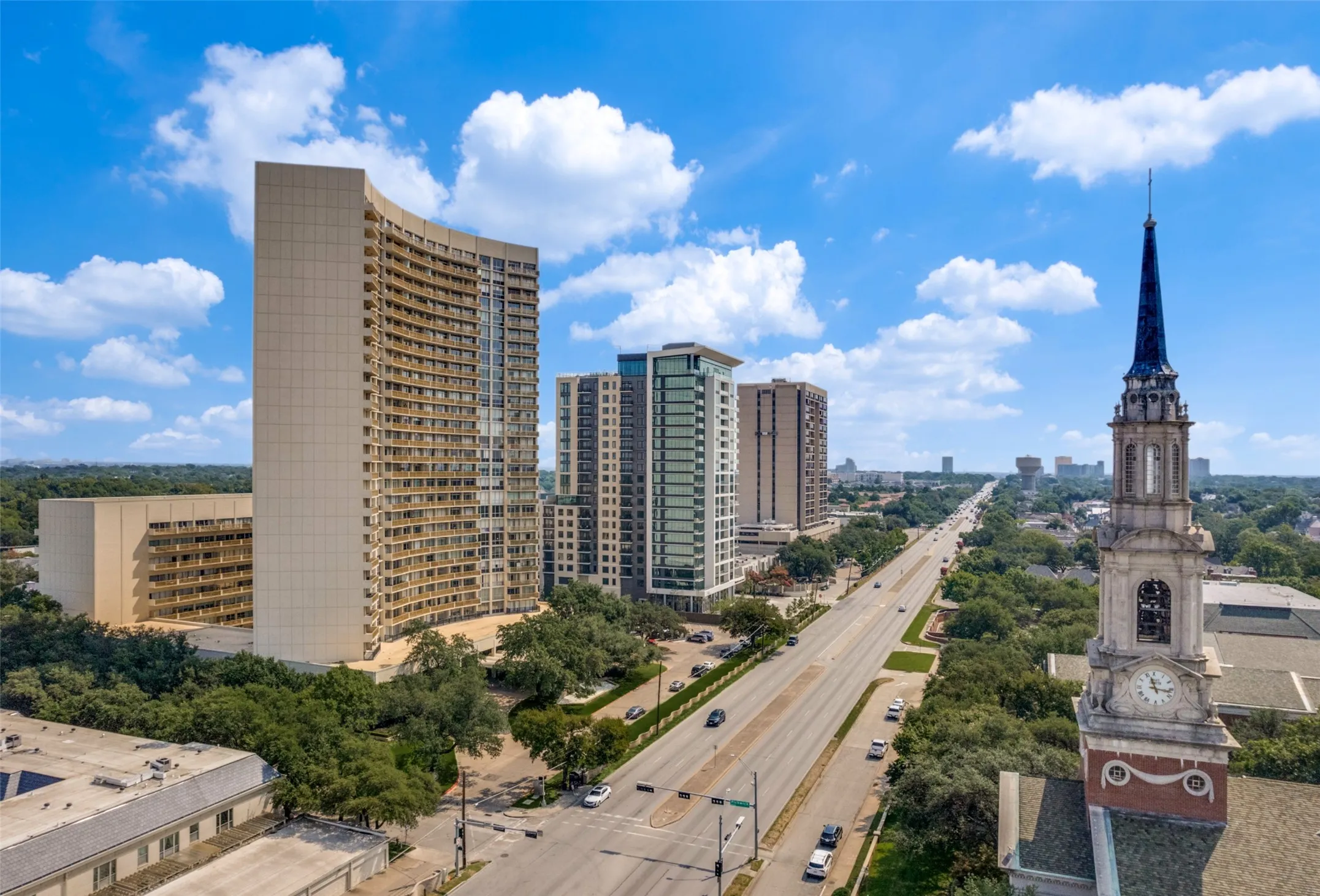 Aerial view of Preston Tower directly across from Park Cities Baptist Church