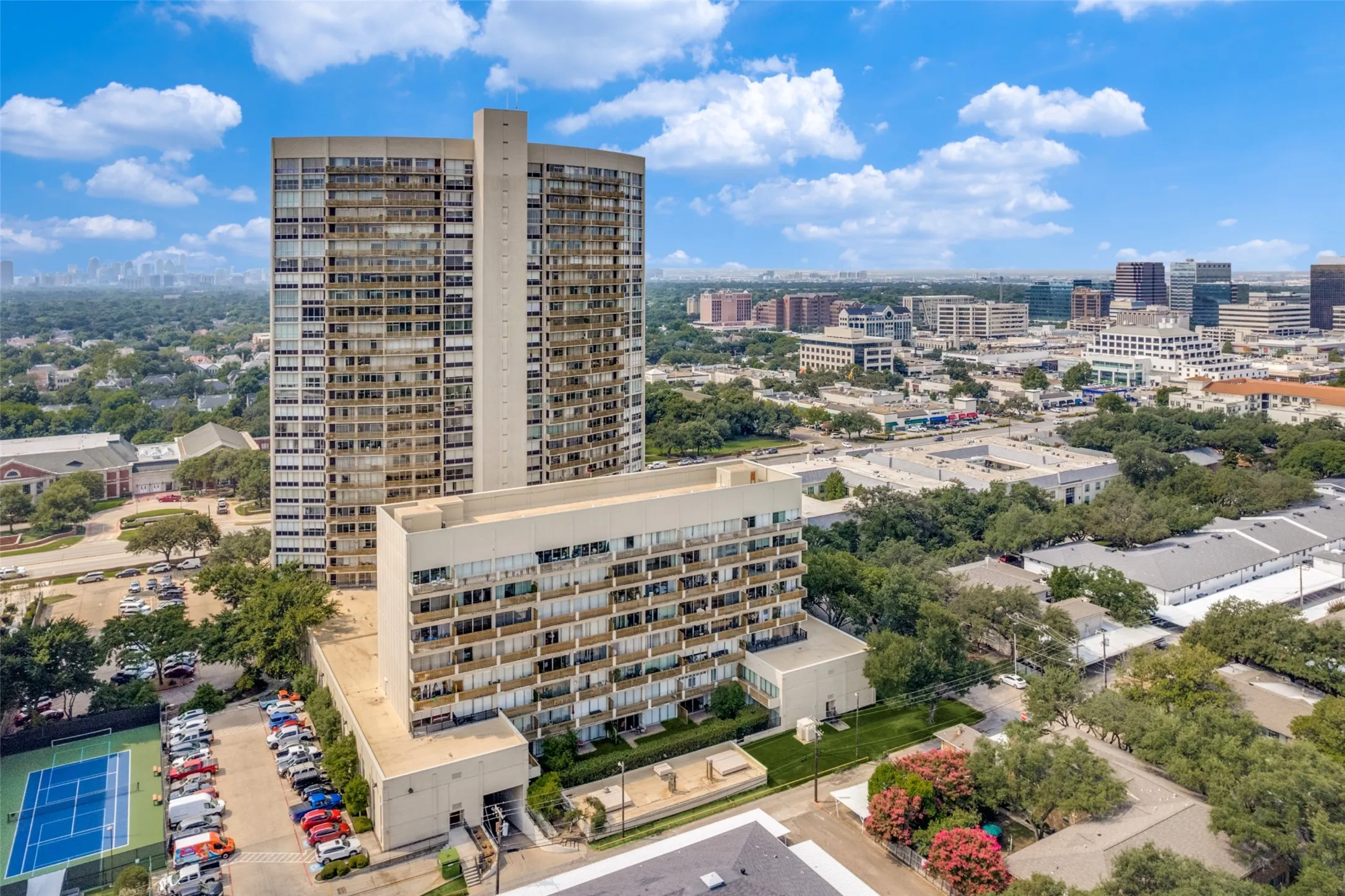 Aerial view of Preston Tower showing Preston Center to the southwest