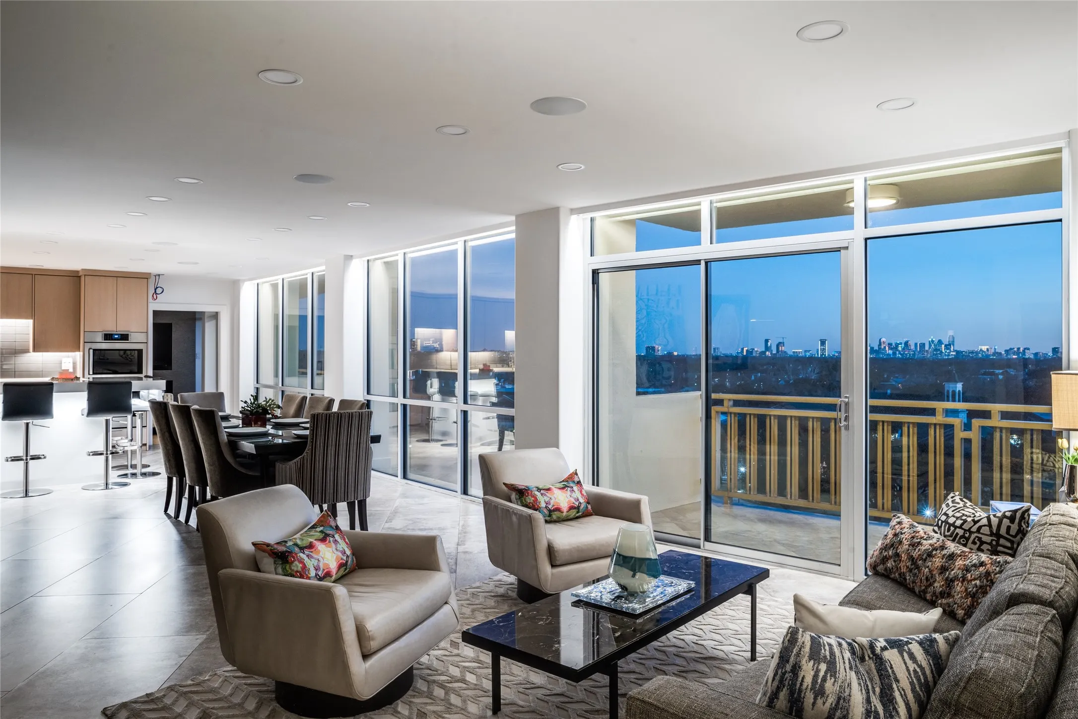 Living-dining areas at dusk