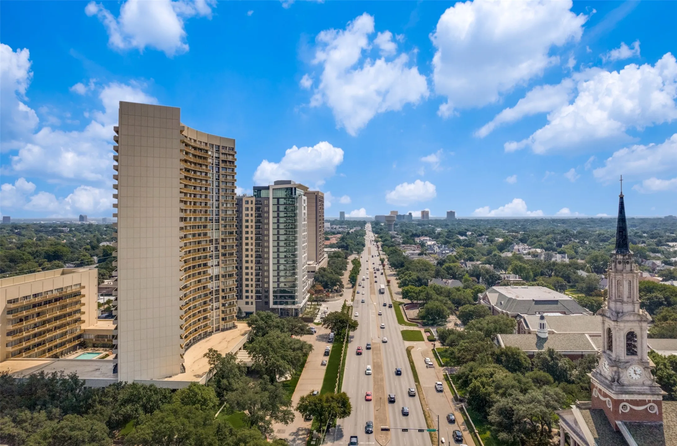 Aerial view facing east on Northwest Hwy with Preston Tower on the left