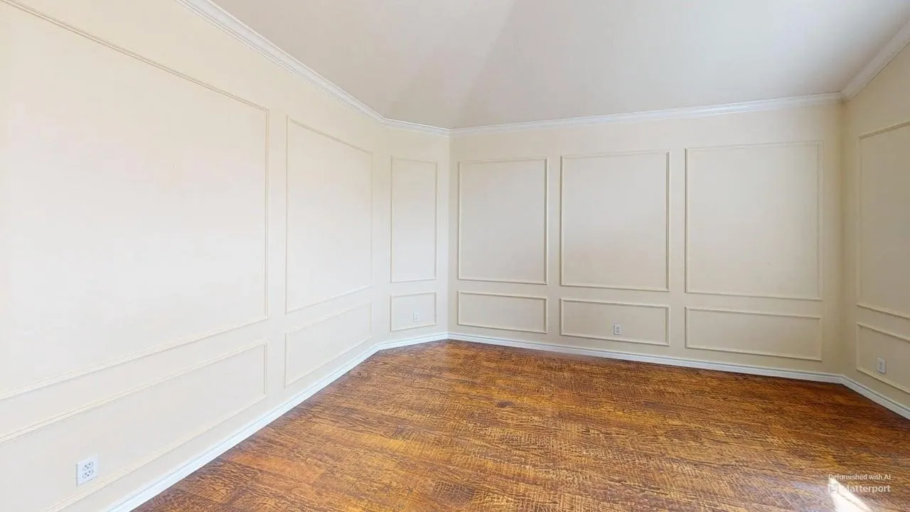 Wood-finish flooring with decorative wall molding