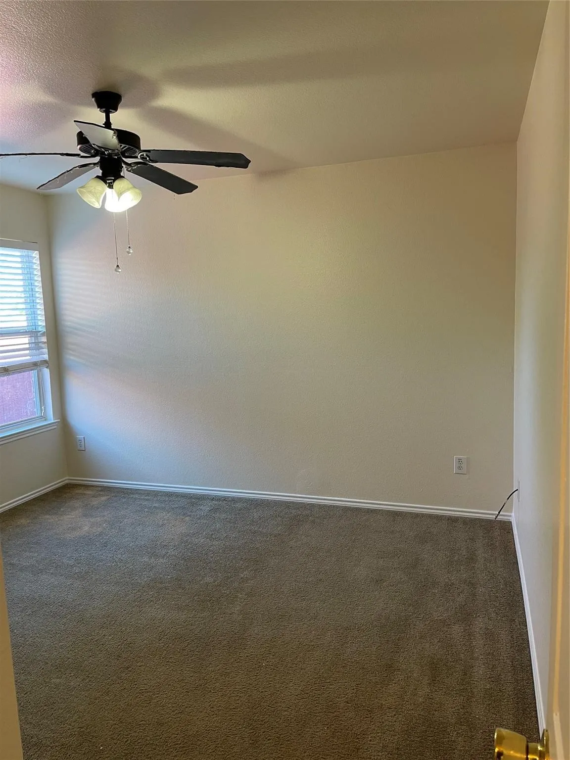 Neutral-toned carpeting, light-colored walls, and a ceiling fan with integrated lighting