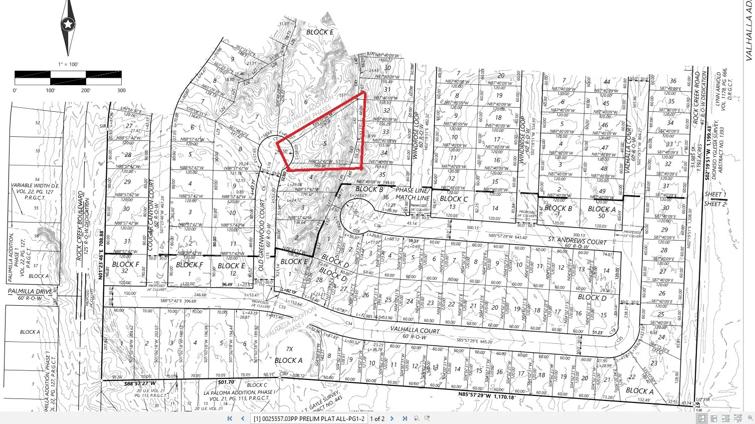 Plat Map. Illustrating the subdivision layout with lot demarcations and street configurations