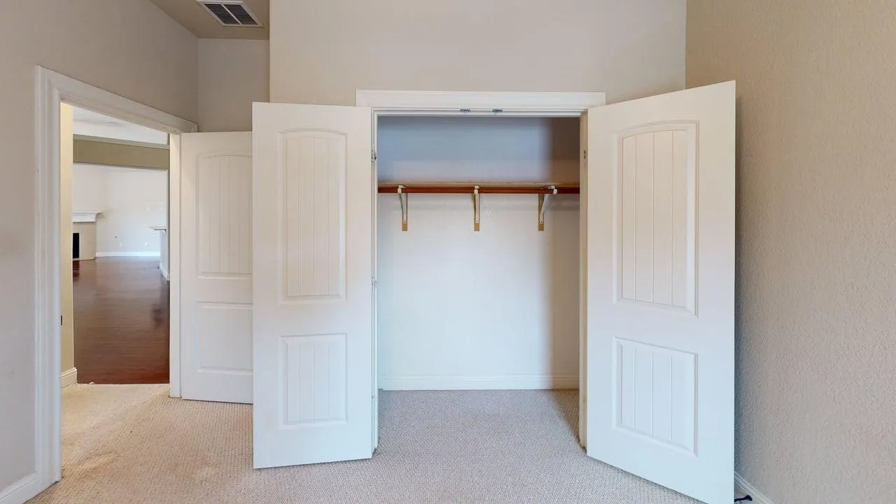 Recessed closet with a built-in hanging rod, white interior doors, and neutral carpeting