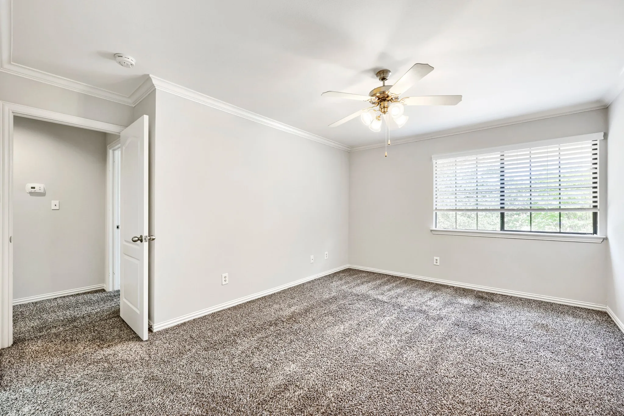 Wall-to-wall carpeting, crown molding, ceiling fan, and a window with blinds