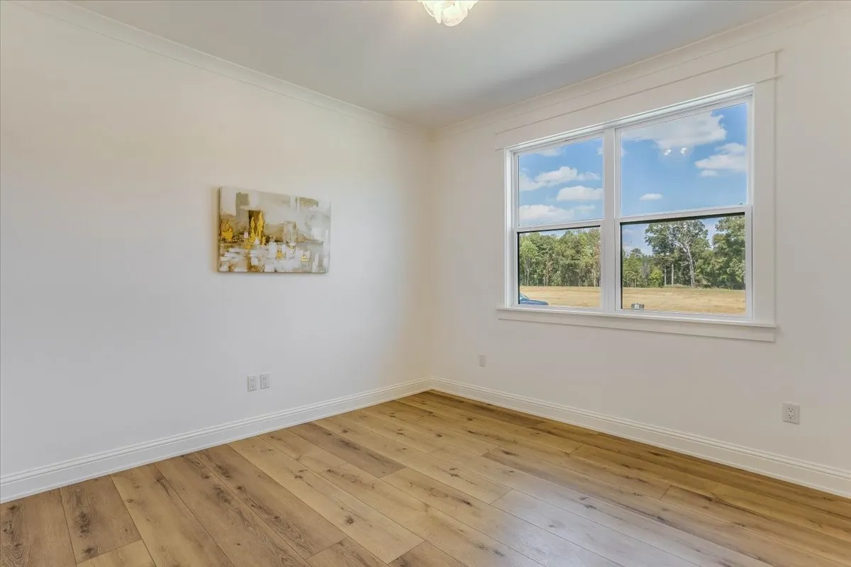 Crown molding, wood-finish flooring, white trim, recessed window, and white walls